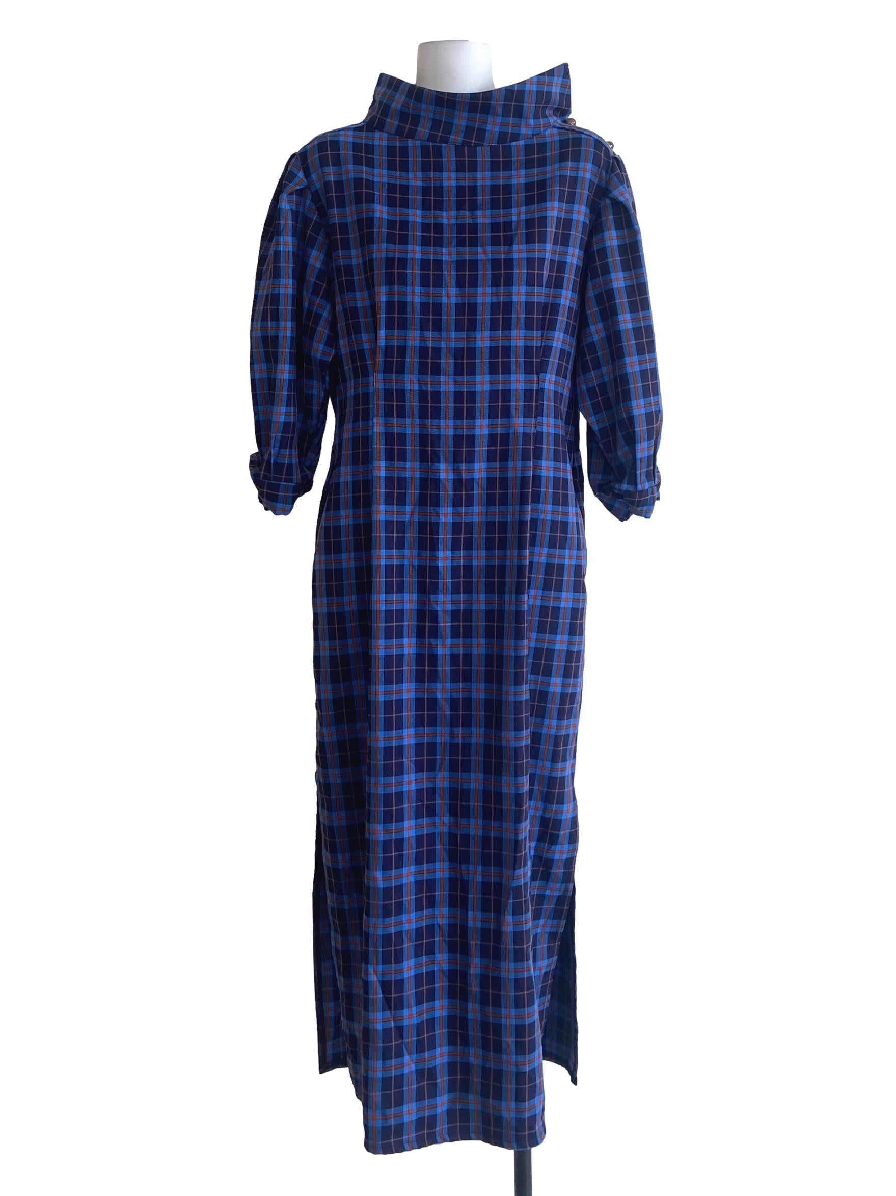 Blue Tartan Slit Empire A-Line Dress