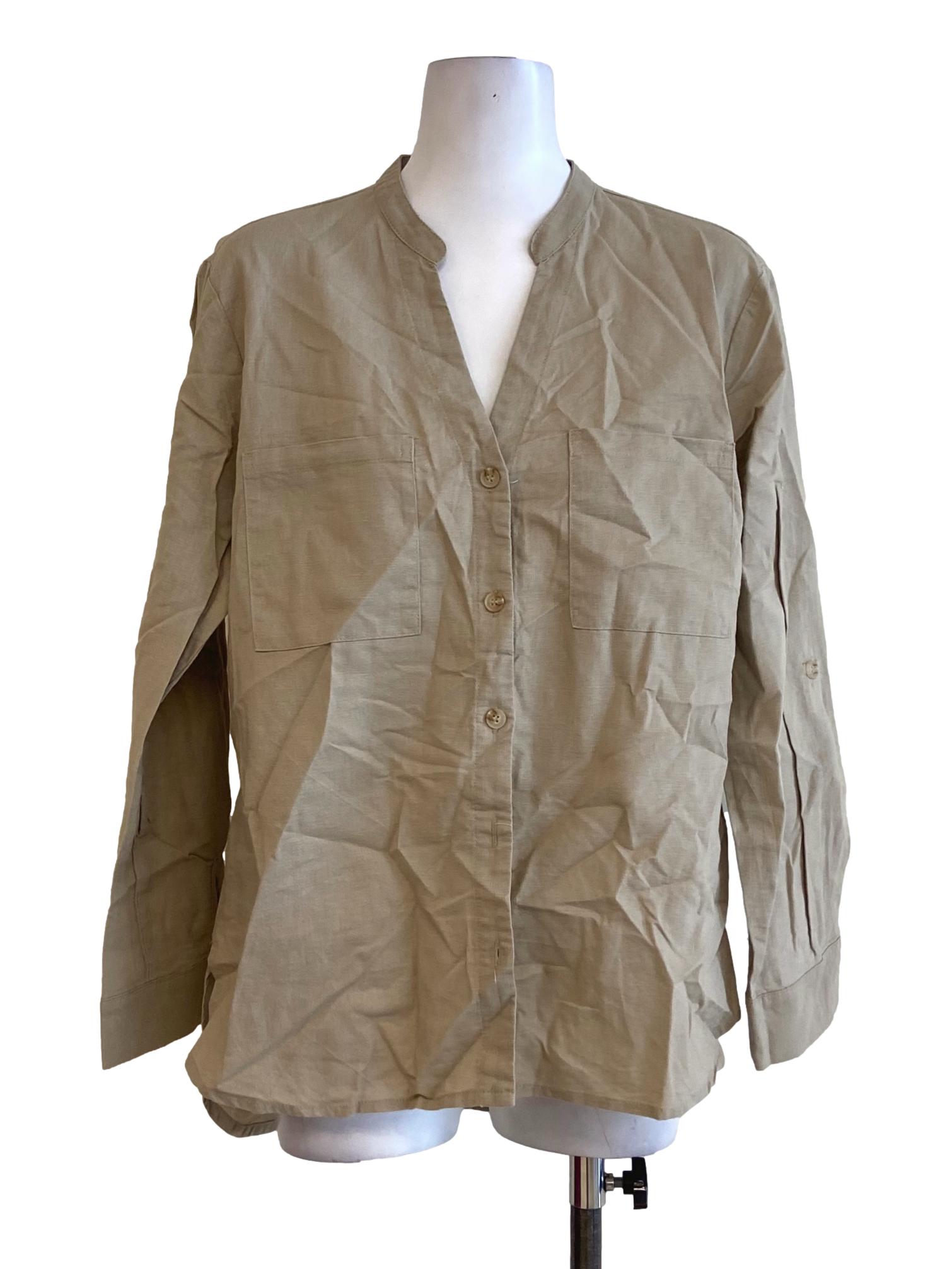 Bone Beige Linen Button Down Tunic Blouse