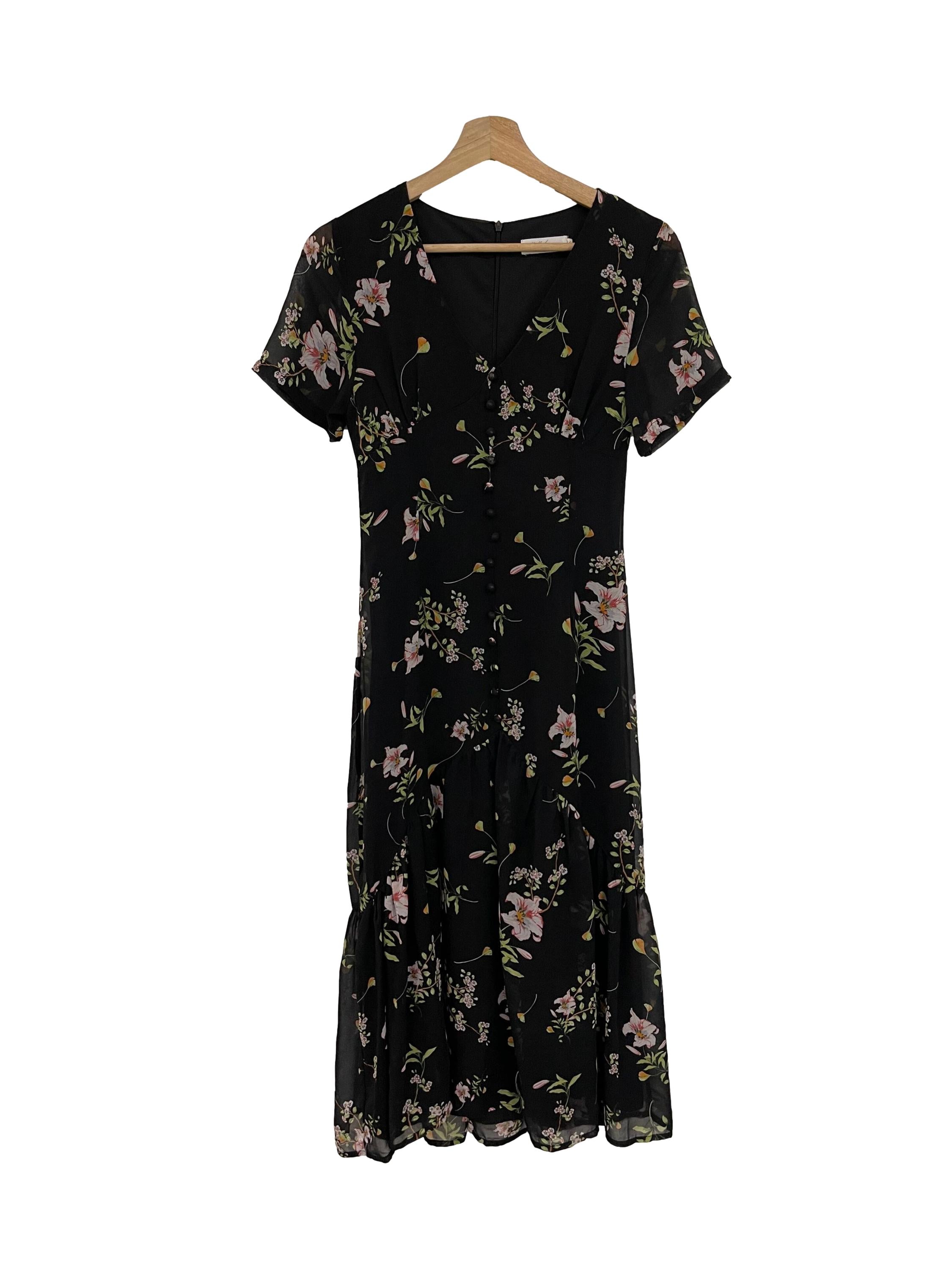 Black V-Neck Button Down Dress With Flowers