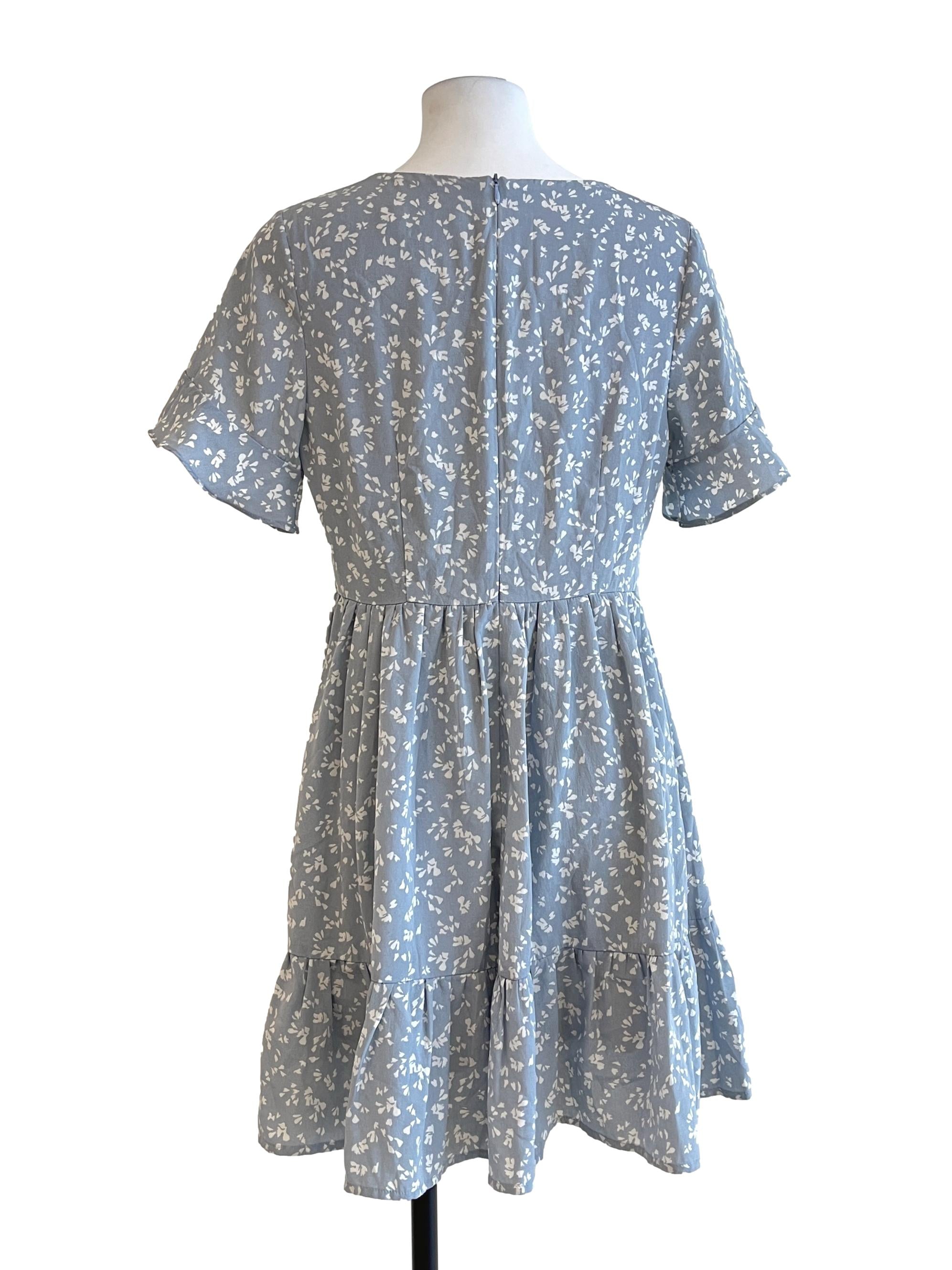 Teal Blue Floral Printed V-Neck Dress