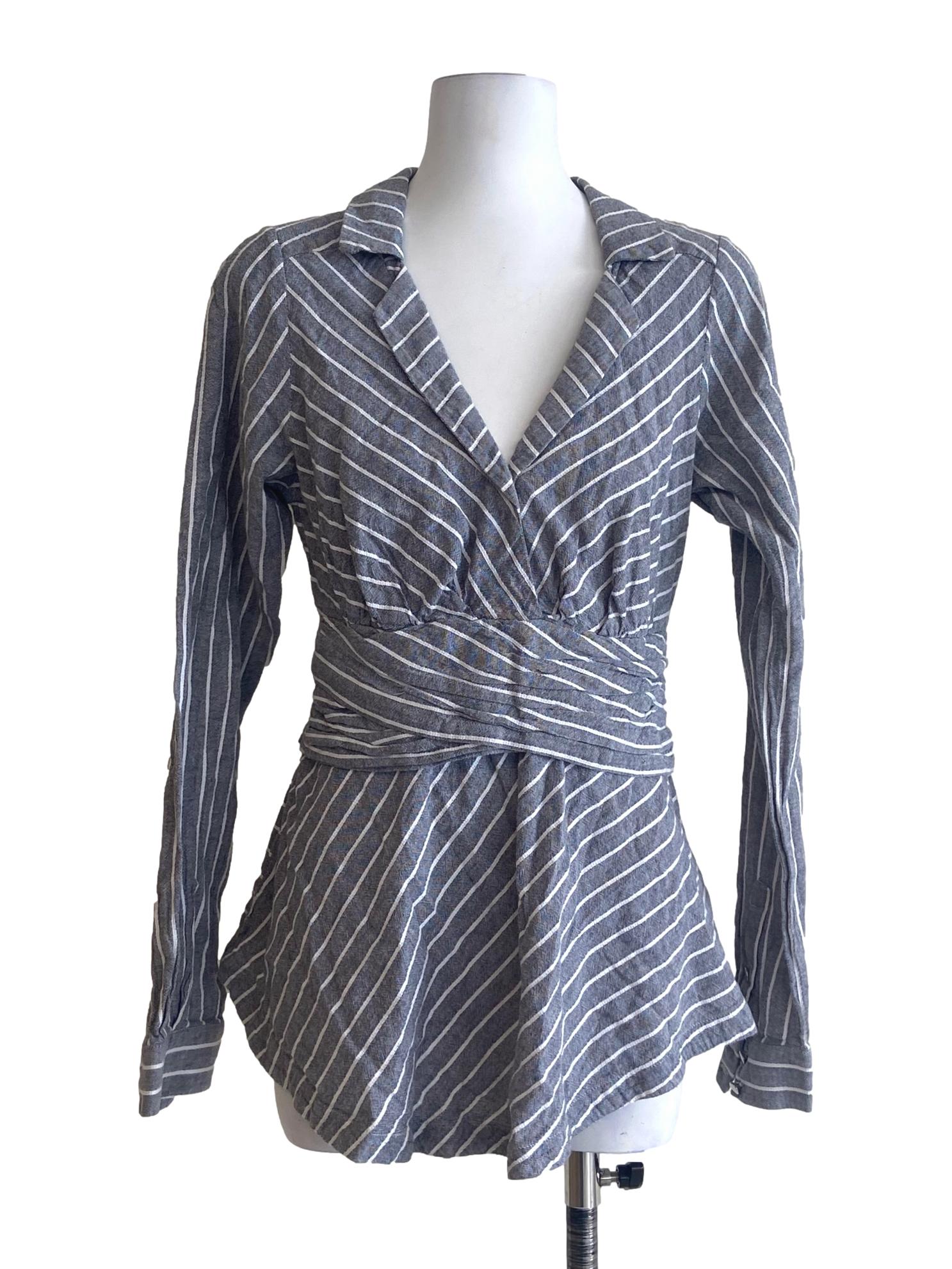 Grey & White Stripe V-Neck Blouse