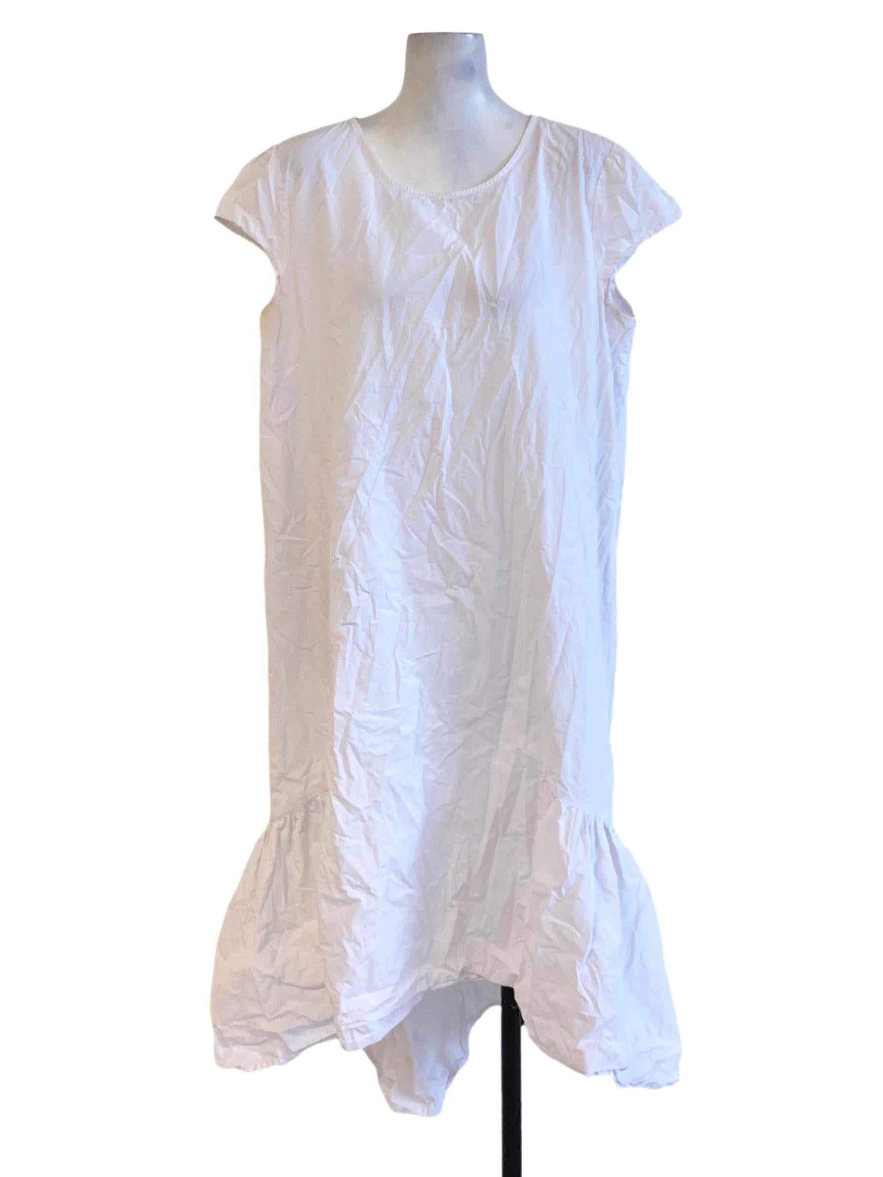 Pure White Round Neck Drop Waist Ruffle Hem Dress