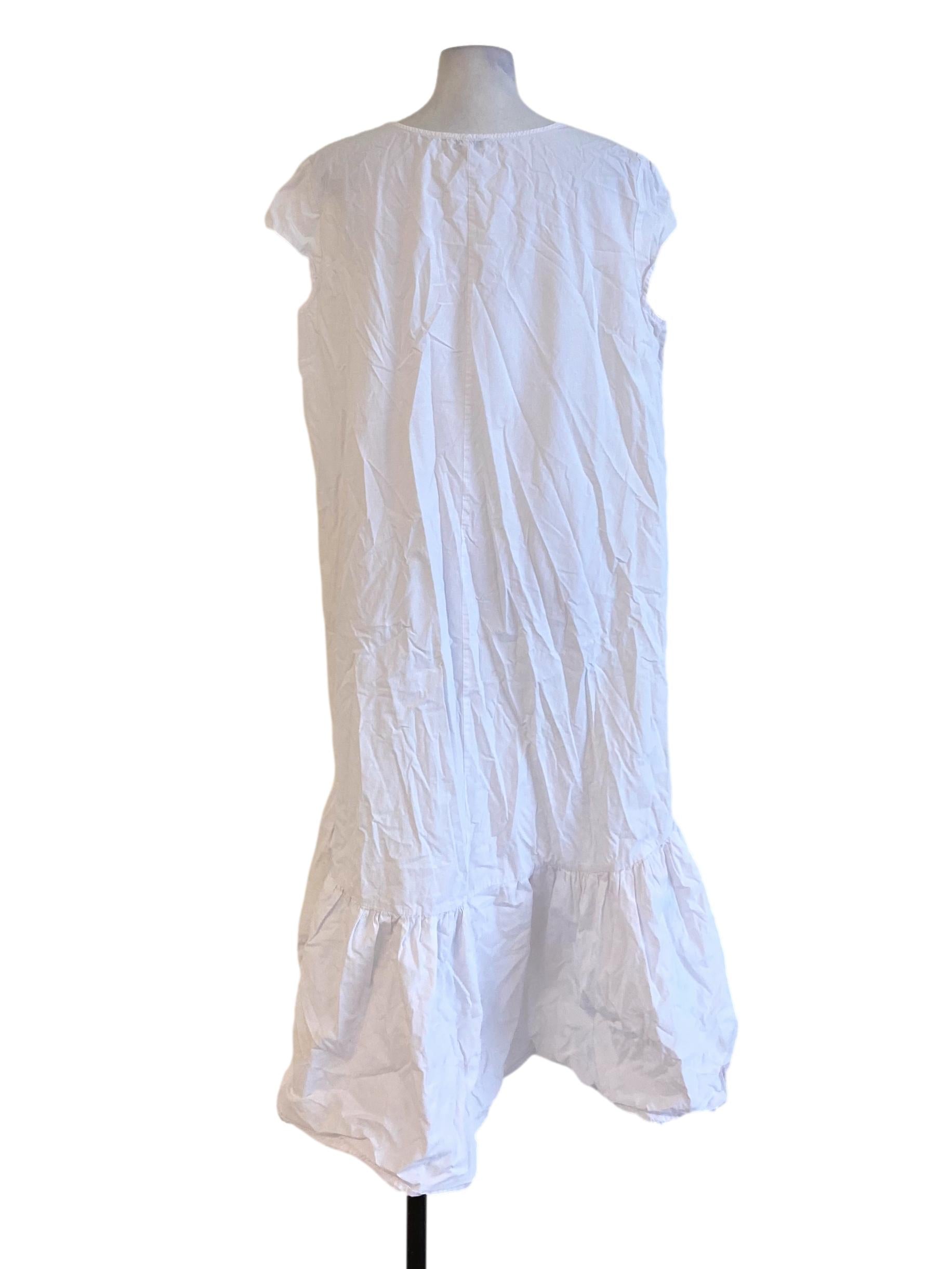 Pure White Round Neck Drop Waist Ruffle Hem Dress