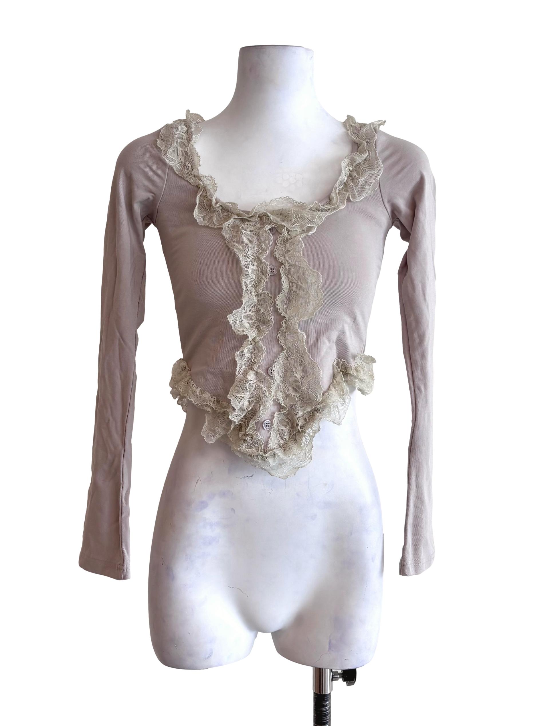 Nude Brown Ruffle Lace Hem Fitted Top