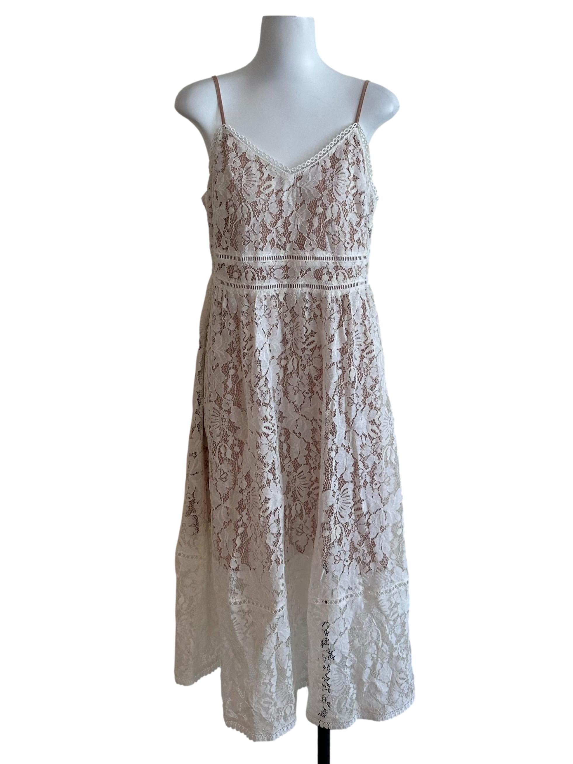 White Beige Lace V Neck Dress