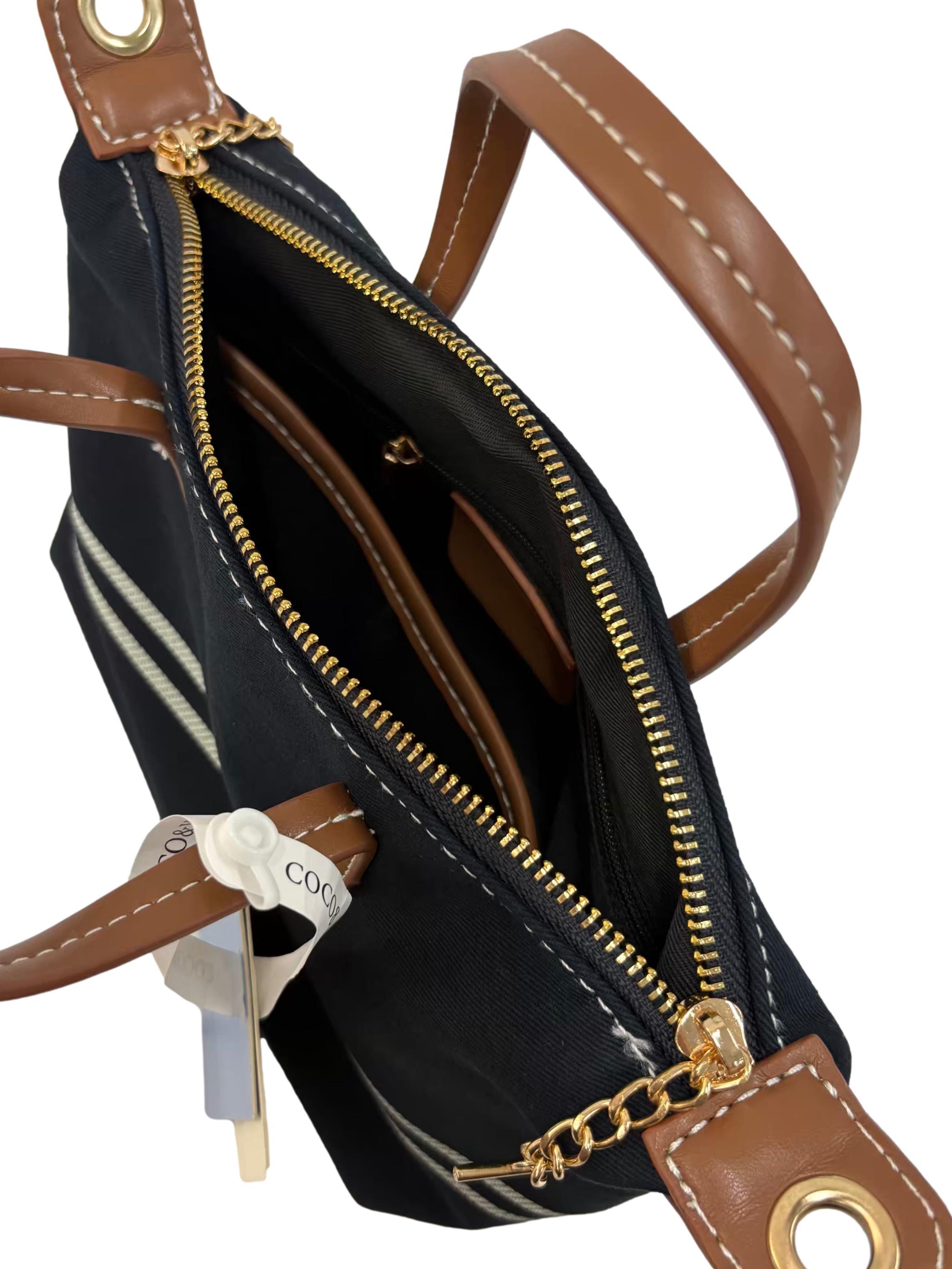 Navy Blue Double-Stripe Canvas Shoulder Bag