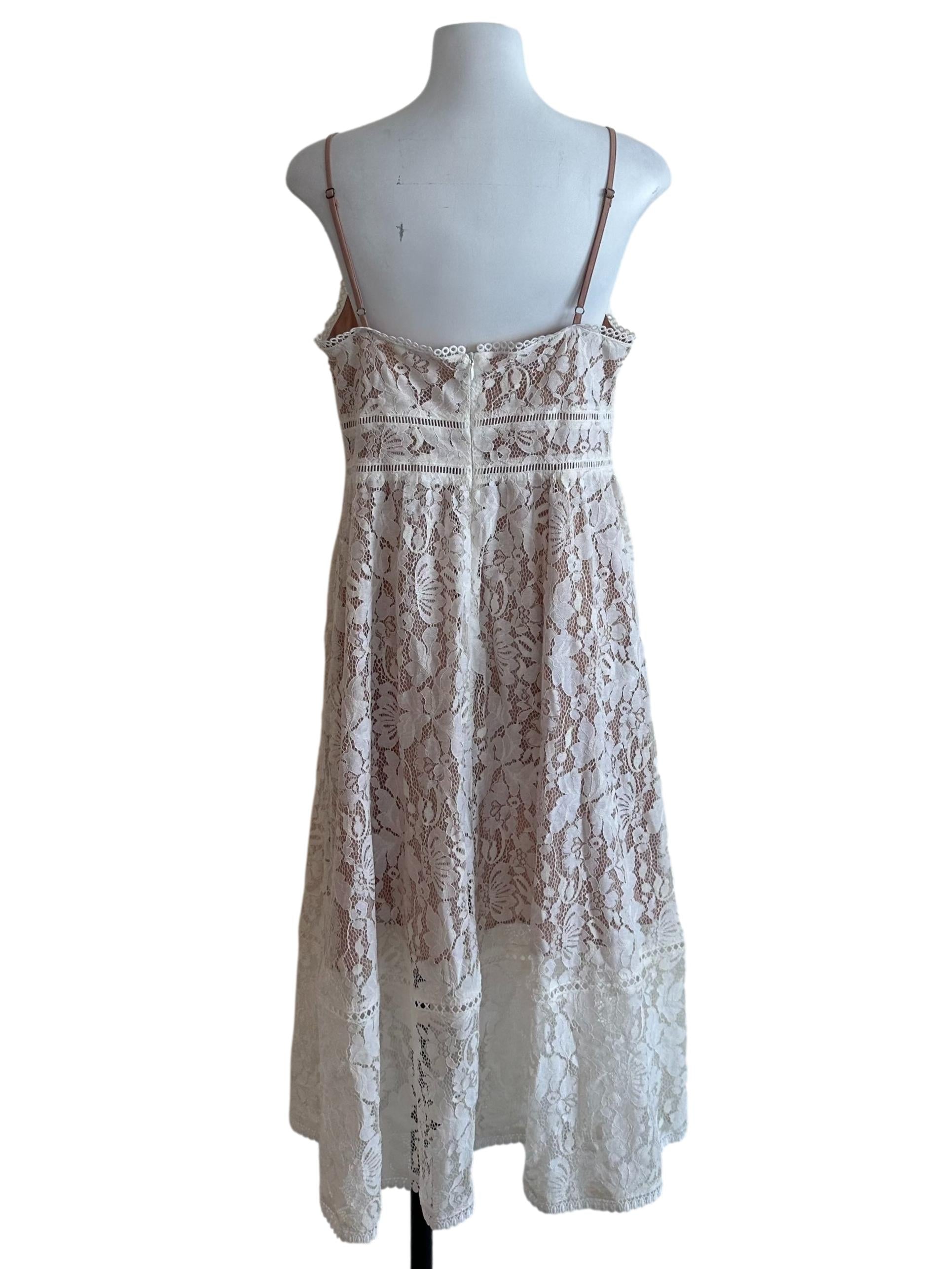 White Beige Lace V Neck Dress