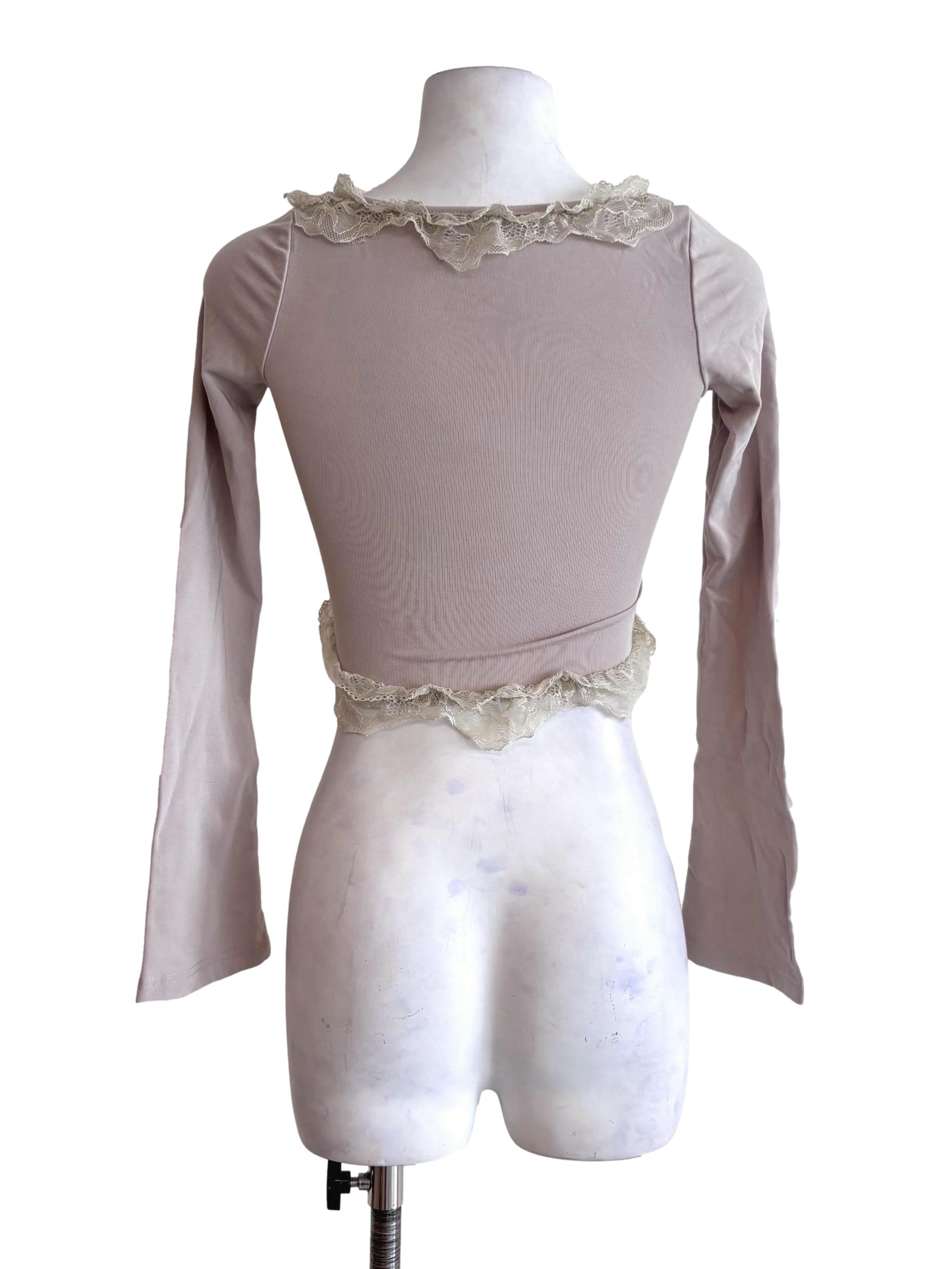 Nude Brown Ruffle Lace Hem Fitted Top