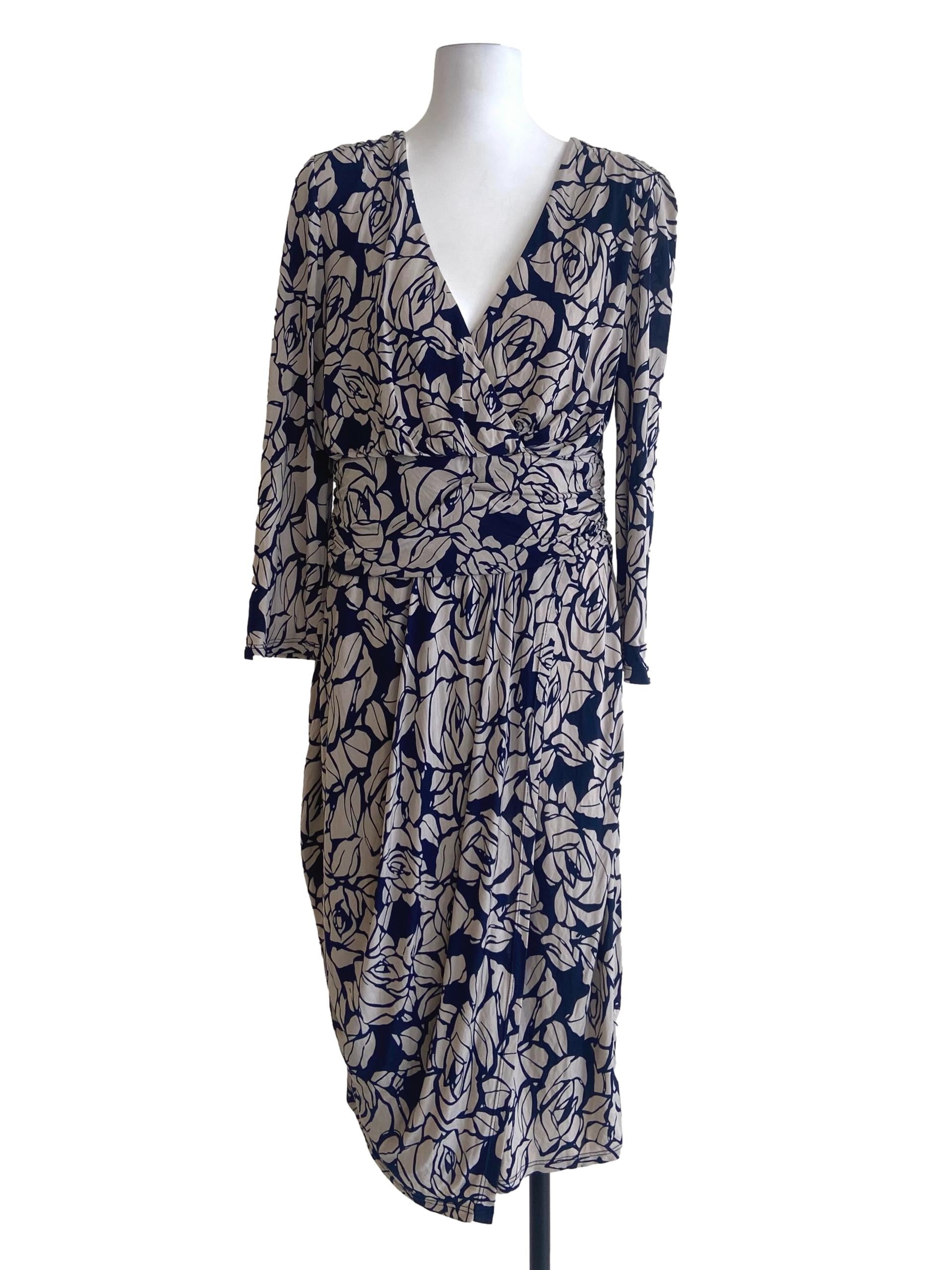 Navy Blue Floral V-Neck Draped Dress