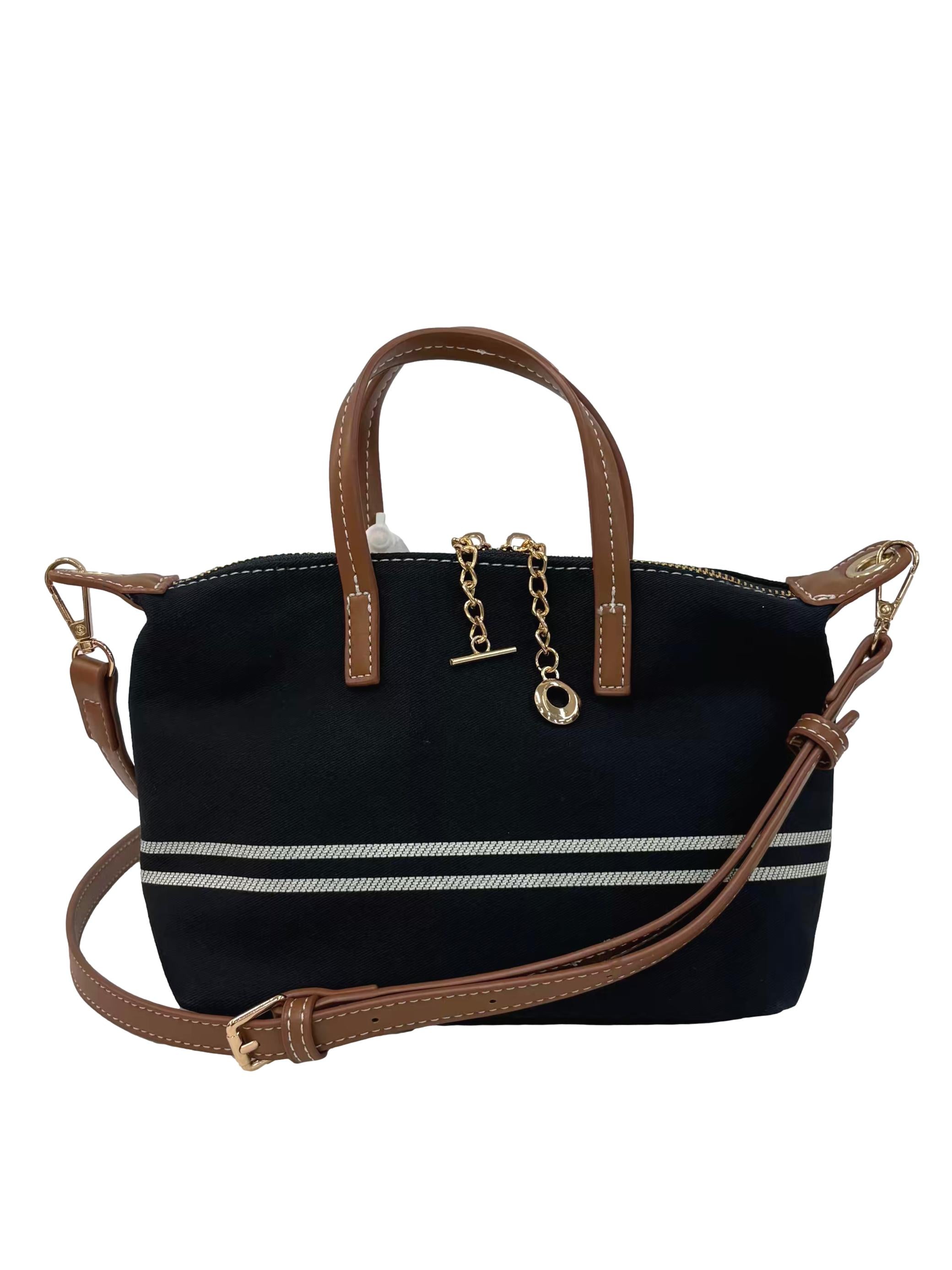 Navy Blue Double-Stripe Canvas Shoulder Bag