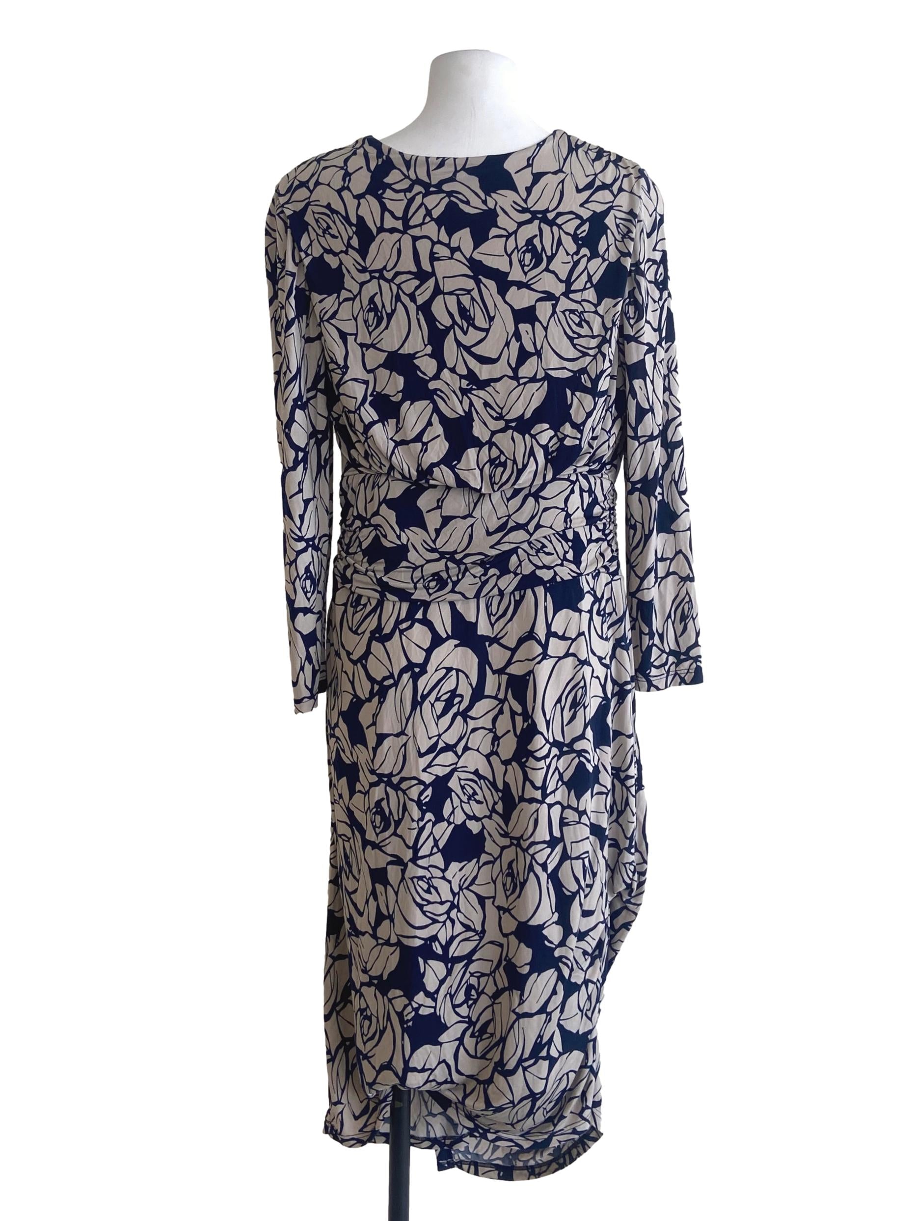 Navy Blue Floral V-Neck Draped Dress