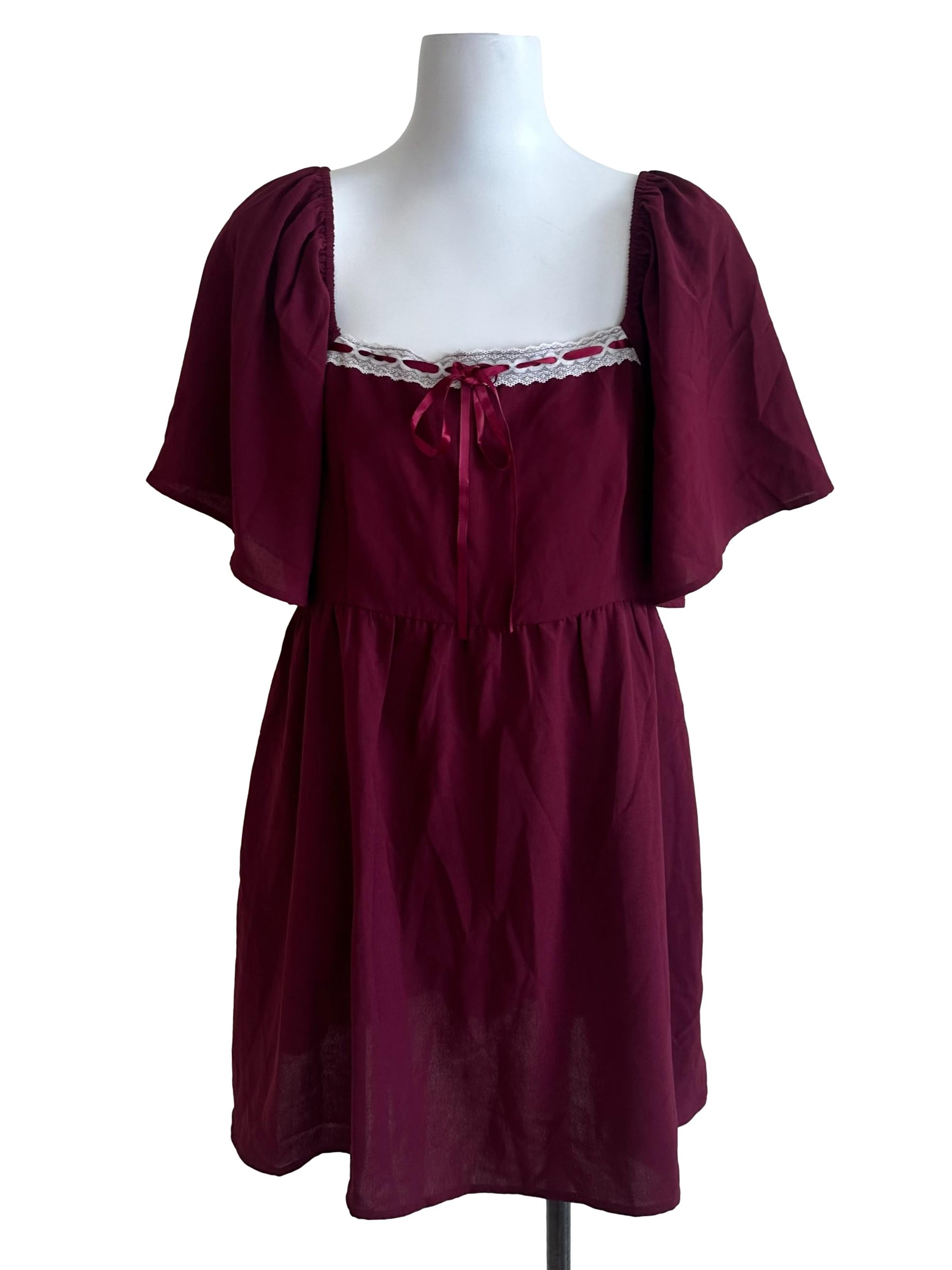 Burgundy Red Square Neck Ribbon Dress