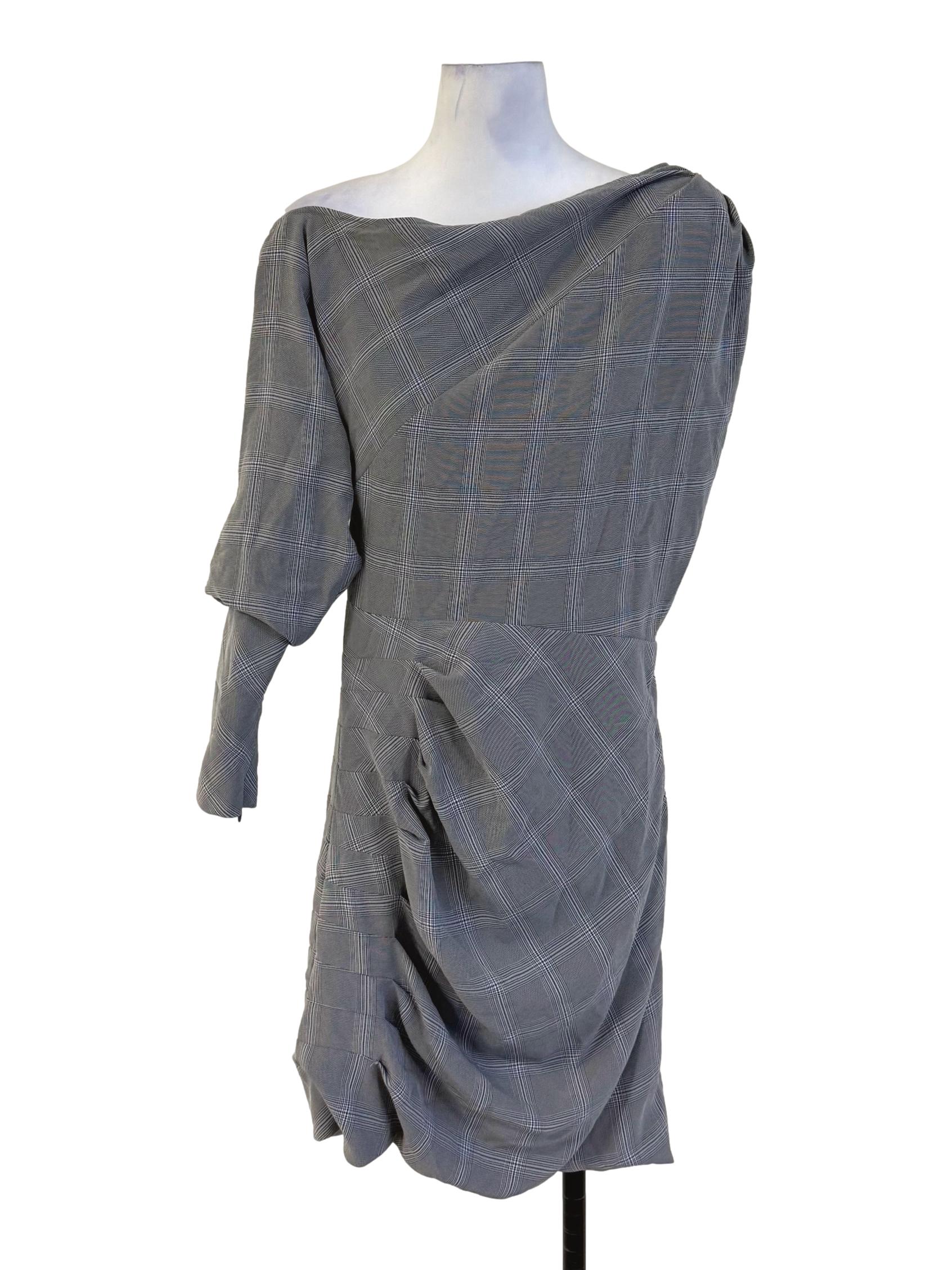 Grey Glen Check One Sleeve Draped Dress