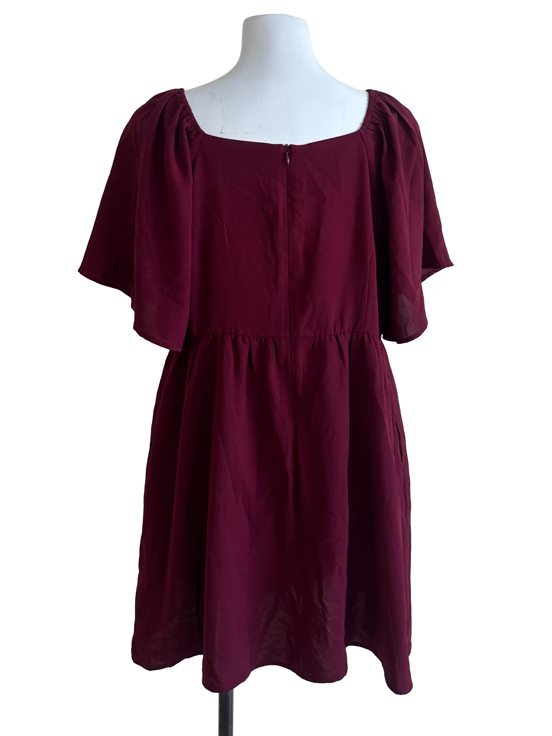 Burgundy Red Square Neck Ribbon Dress