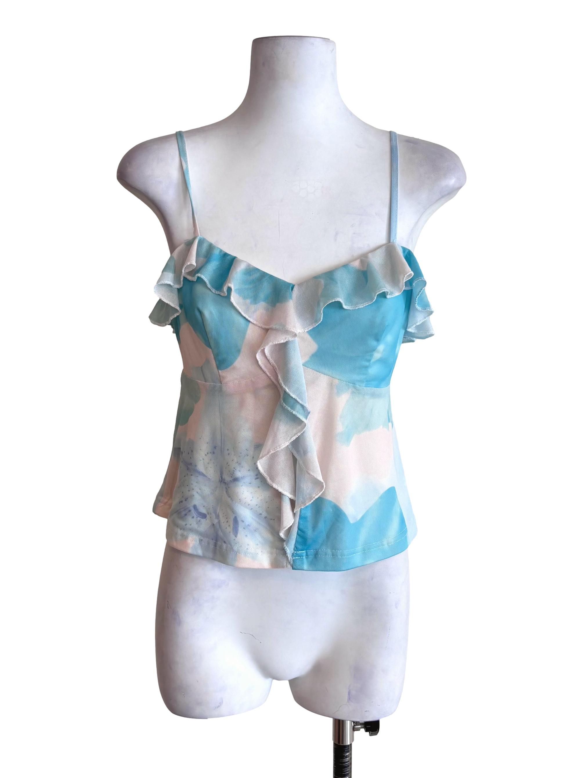 Ivory Blue Prints Ruffle Babydoll Top