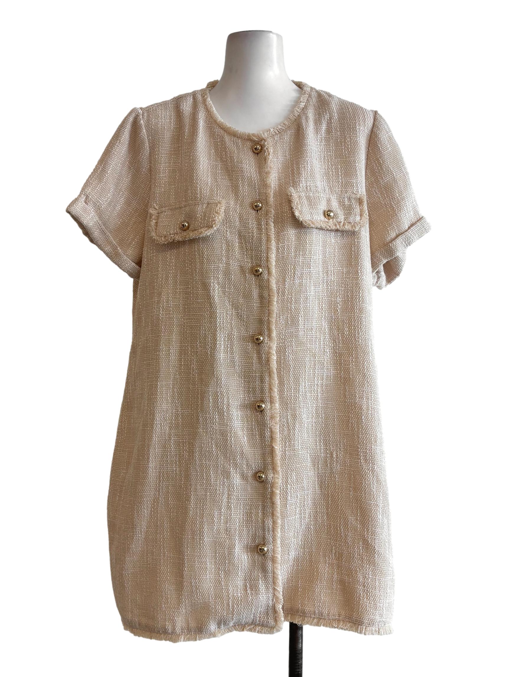 Beige Tweed Short Sleeve Buttoned Dress LB