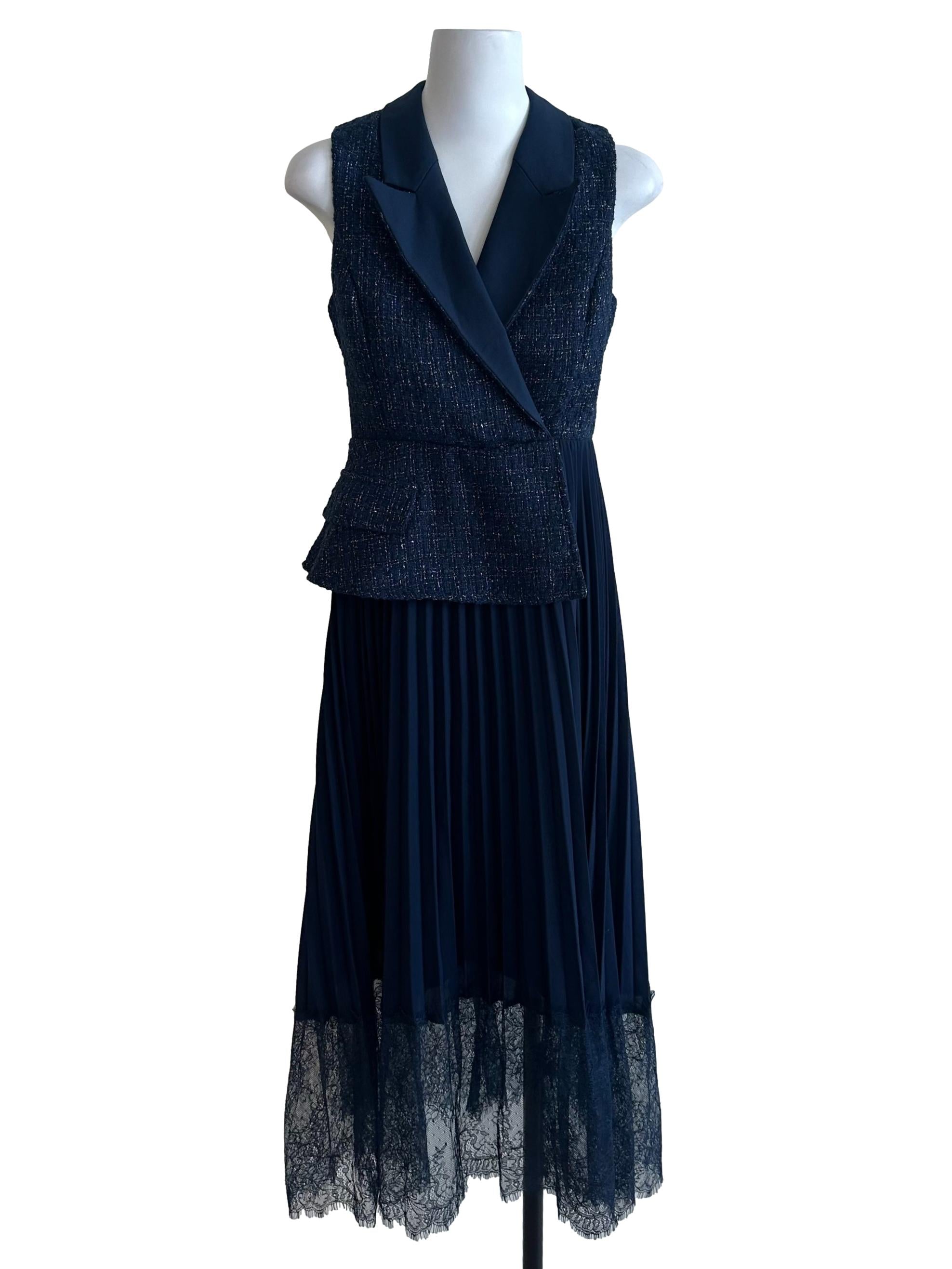 Navy Blue Tweed Pleated Lace Suit Dress