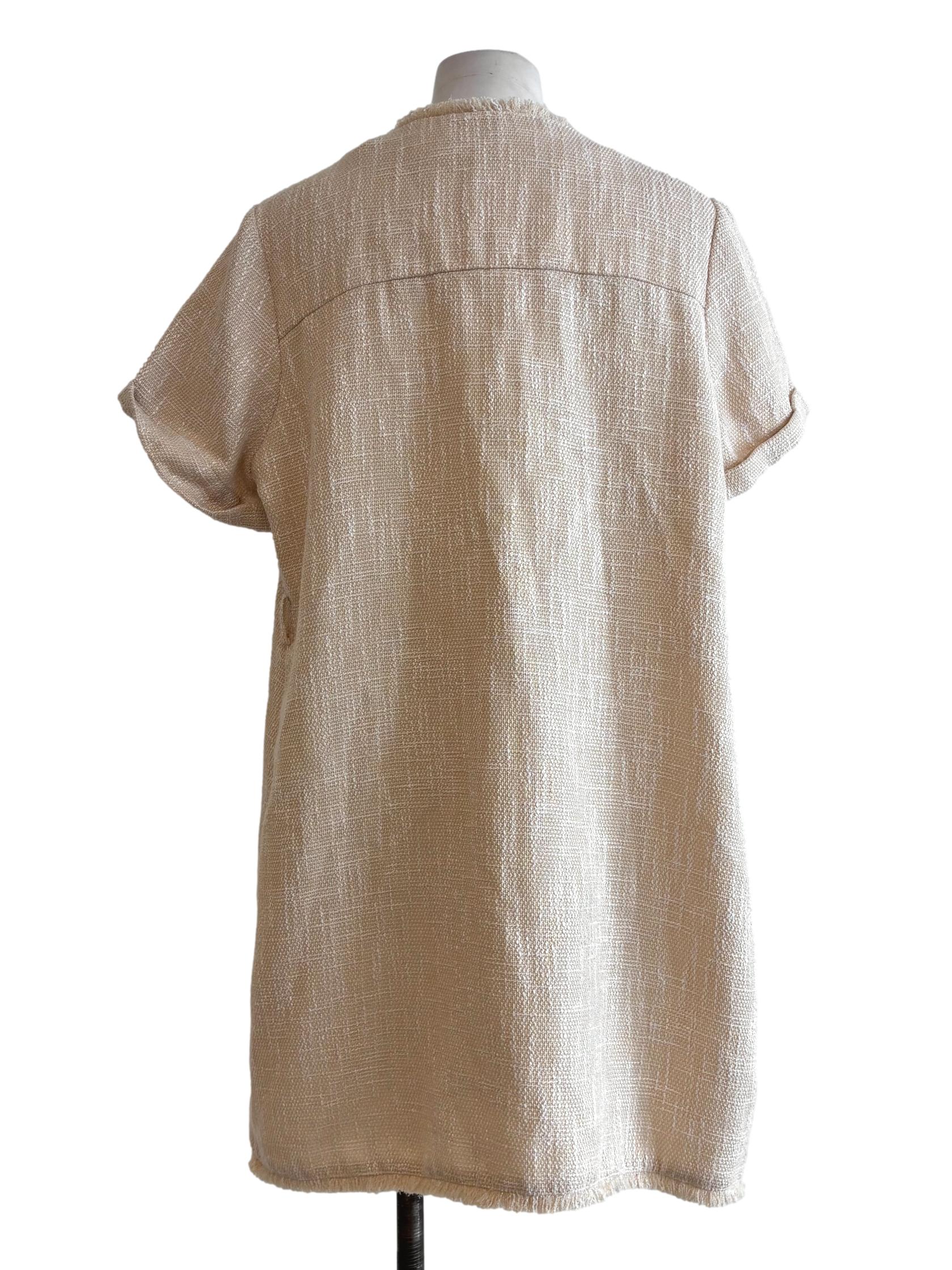 Beige Tweed Short Sleeve Buttoned Dress LB