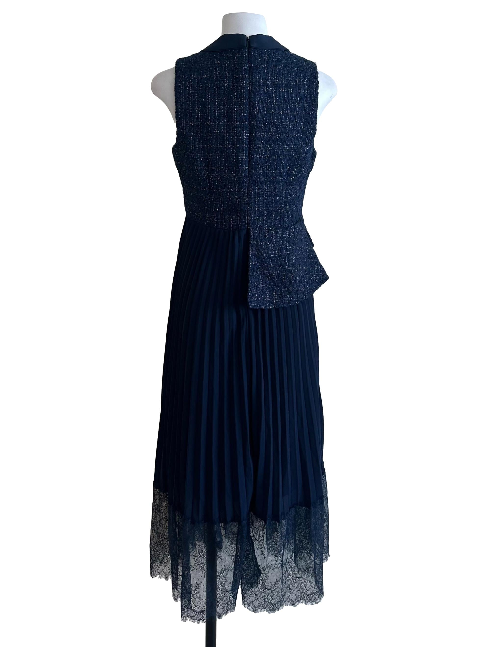 Navy Blue Tweed Pleated Lace Suit Dress