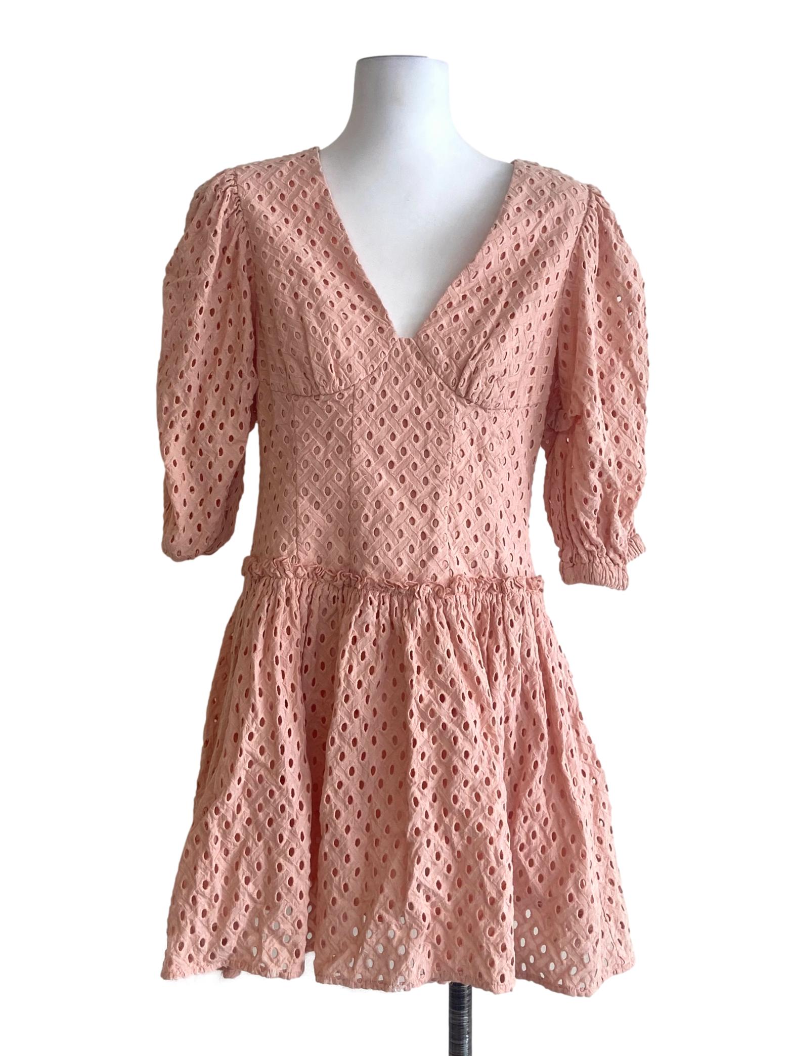 Salmon Pink Embroidery V-Neck A-Line Dress