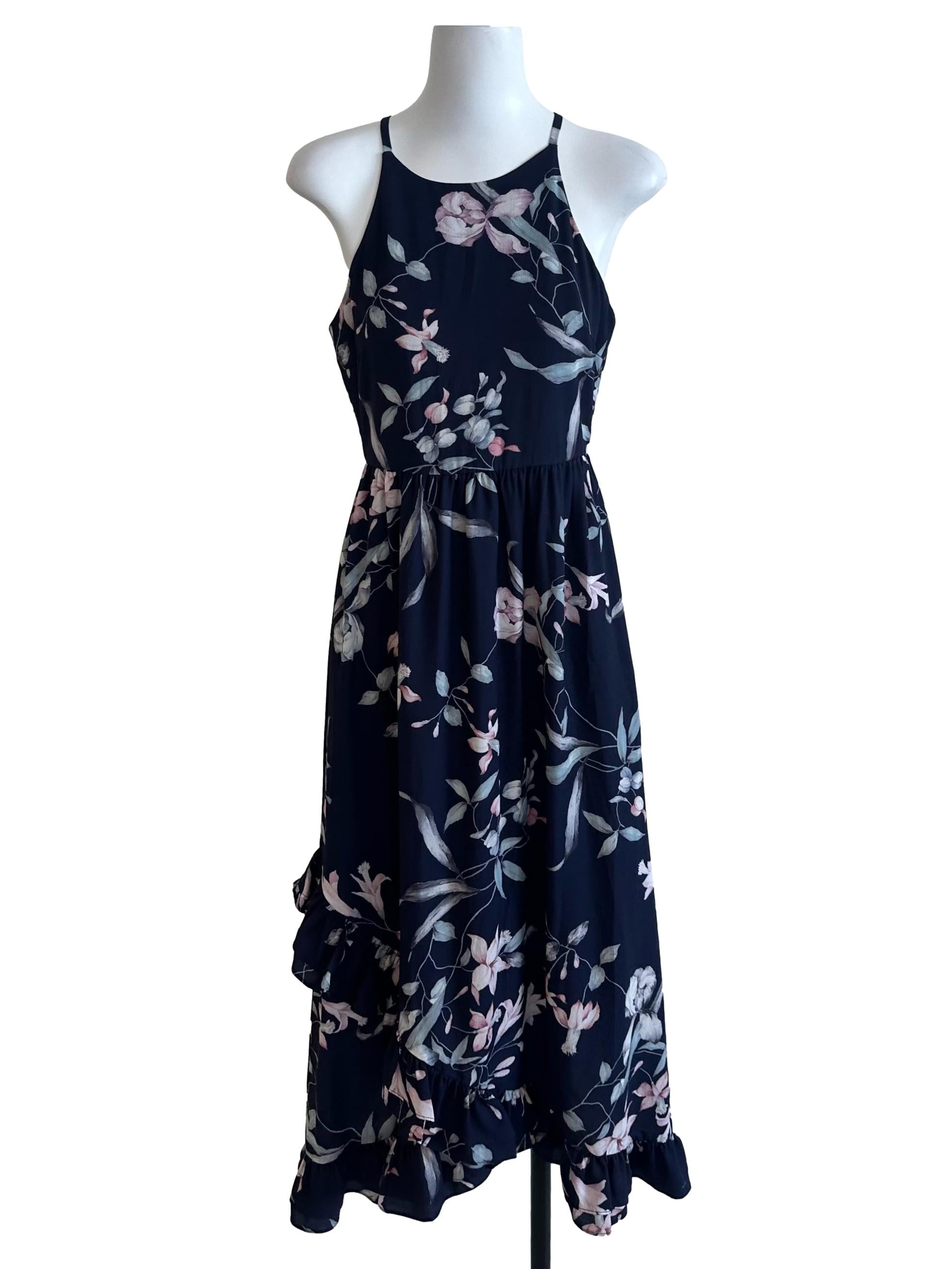 Midnight Blue Floral Ruffle Dress