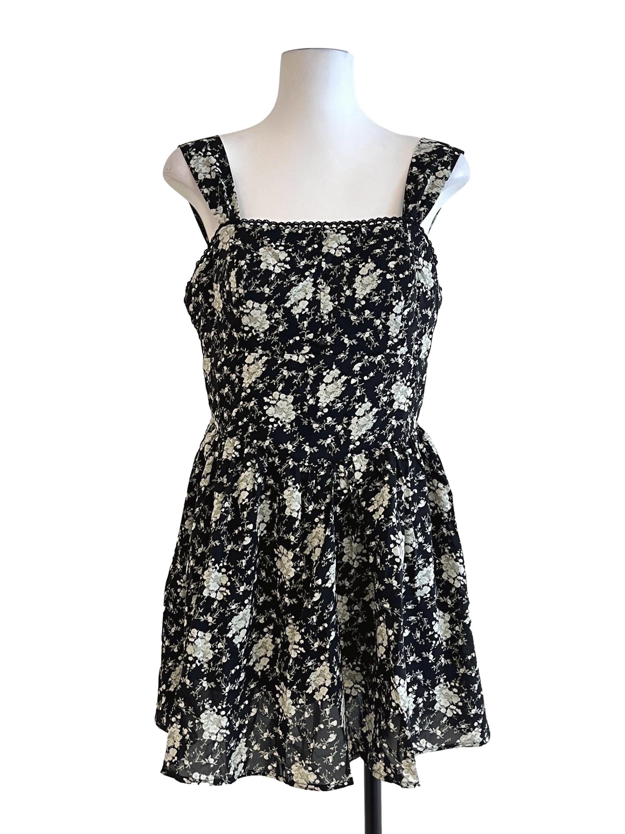Pitch Black Floral Print Apron Dress