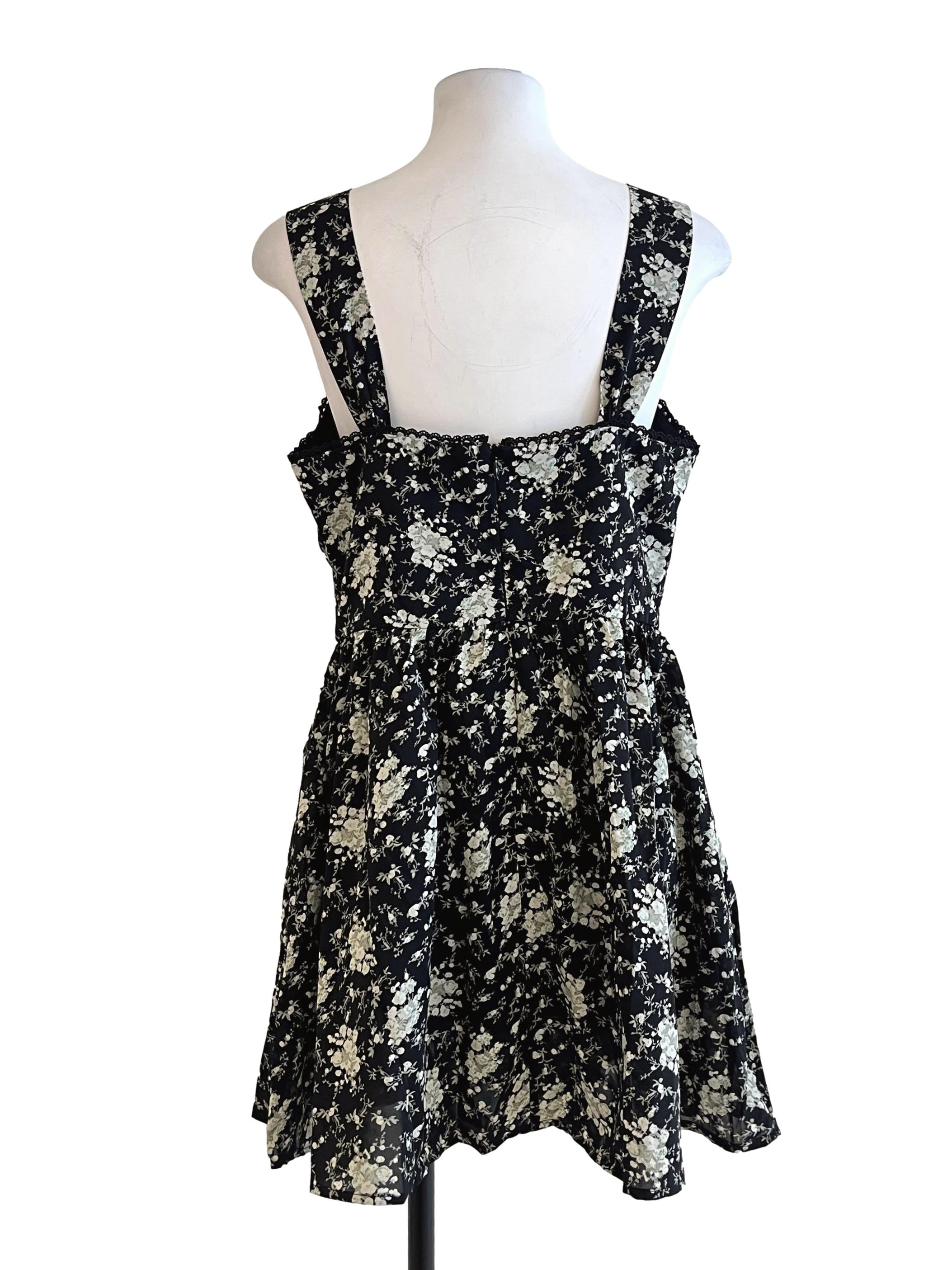 Pitch Black Floral Print Apron Dress