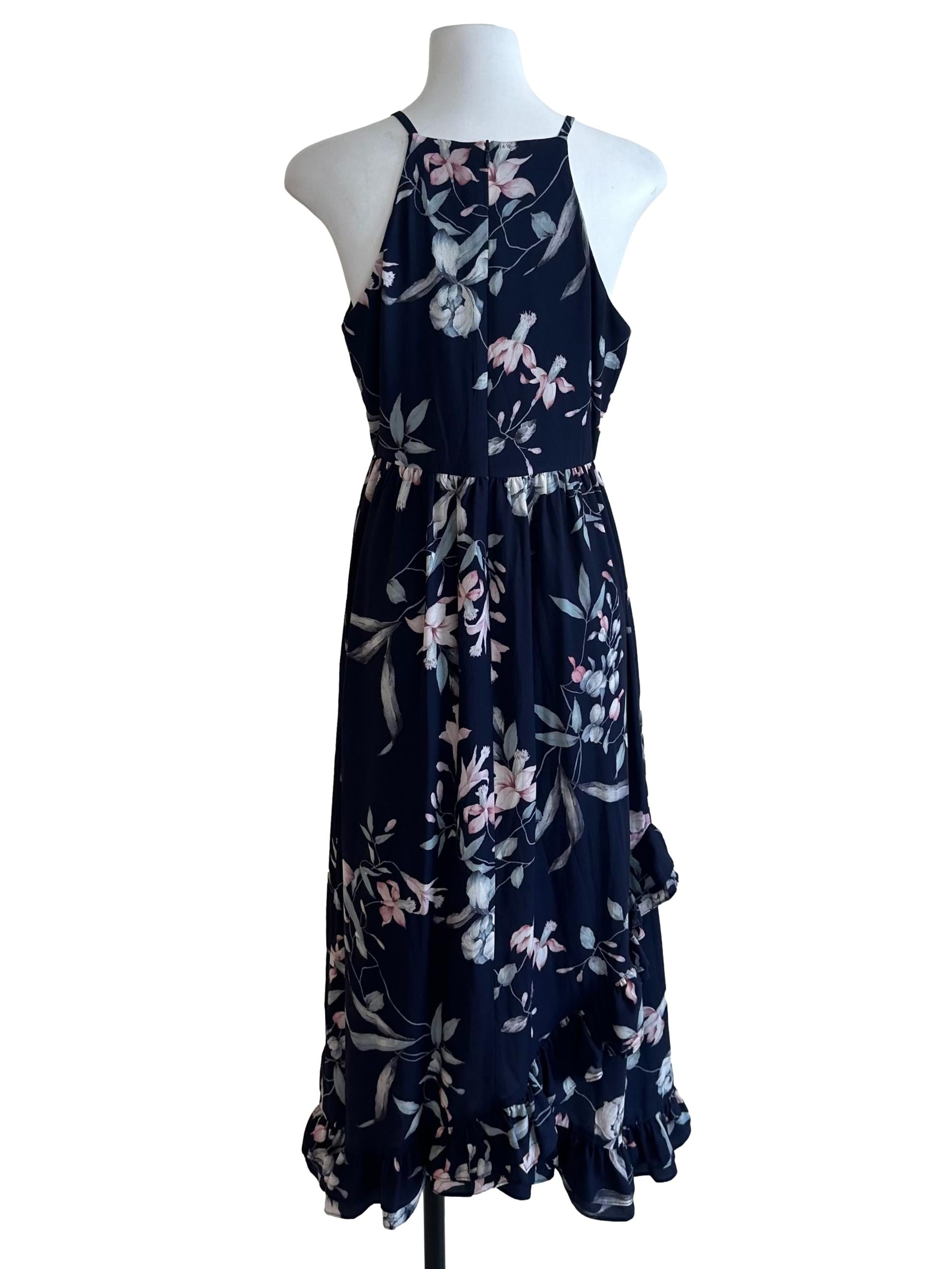 Midnight Blue Floral Ruffle Dress