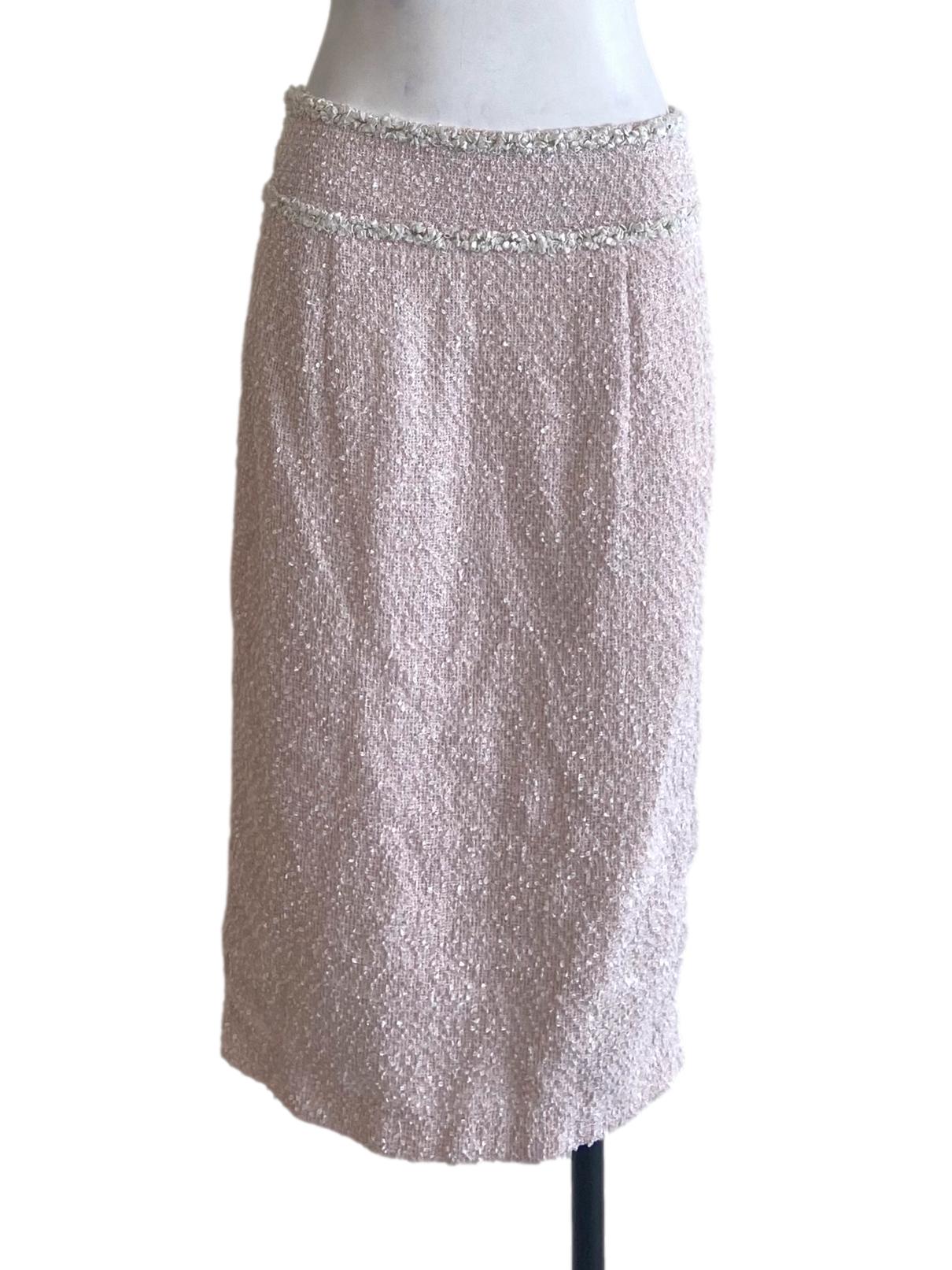 Blush Pink & White Tweed Slit Tube Skirt