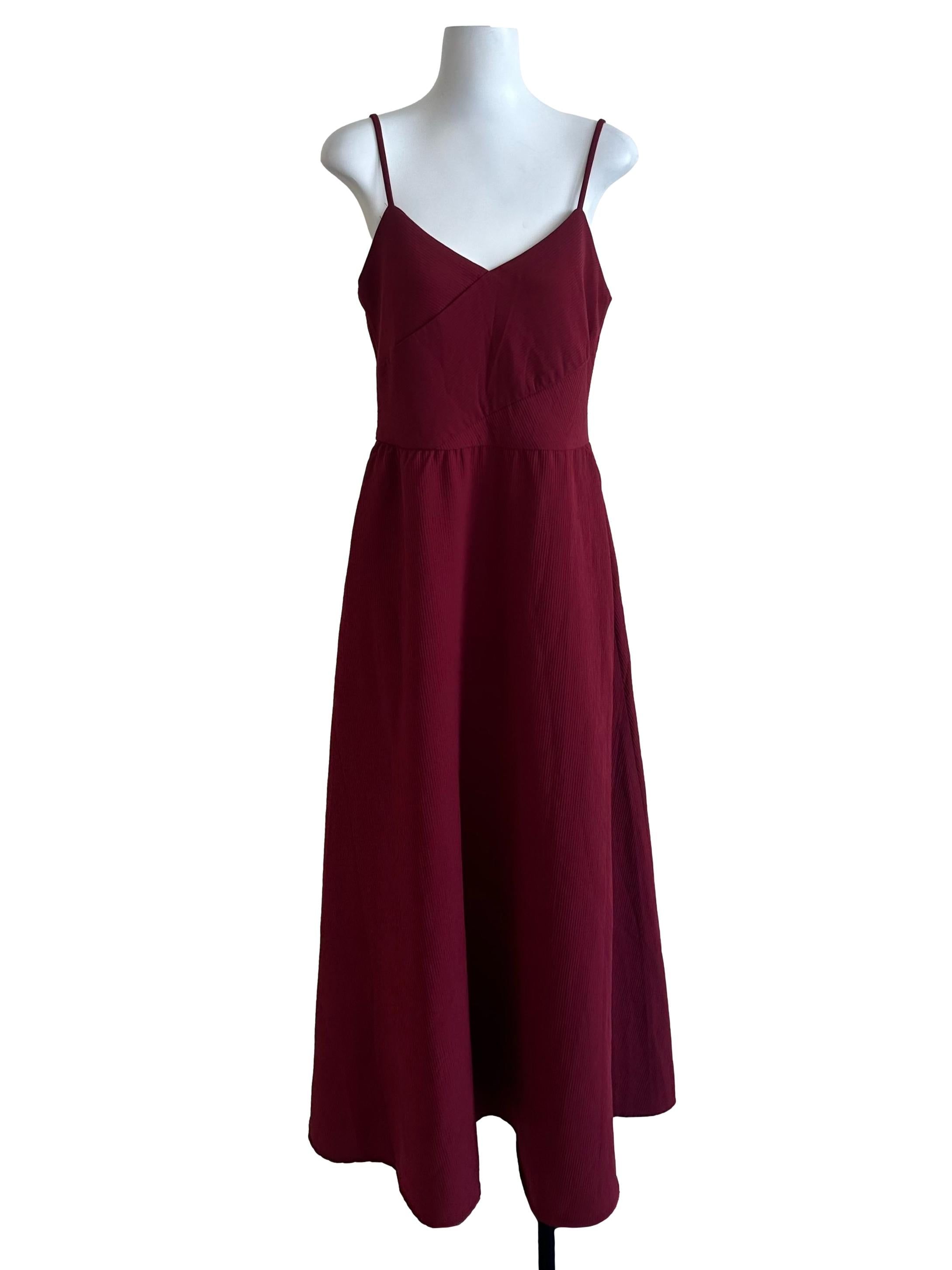 Maroon Red V Neck Textured Dress
