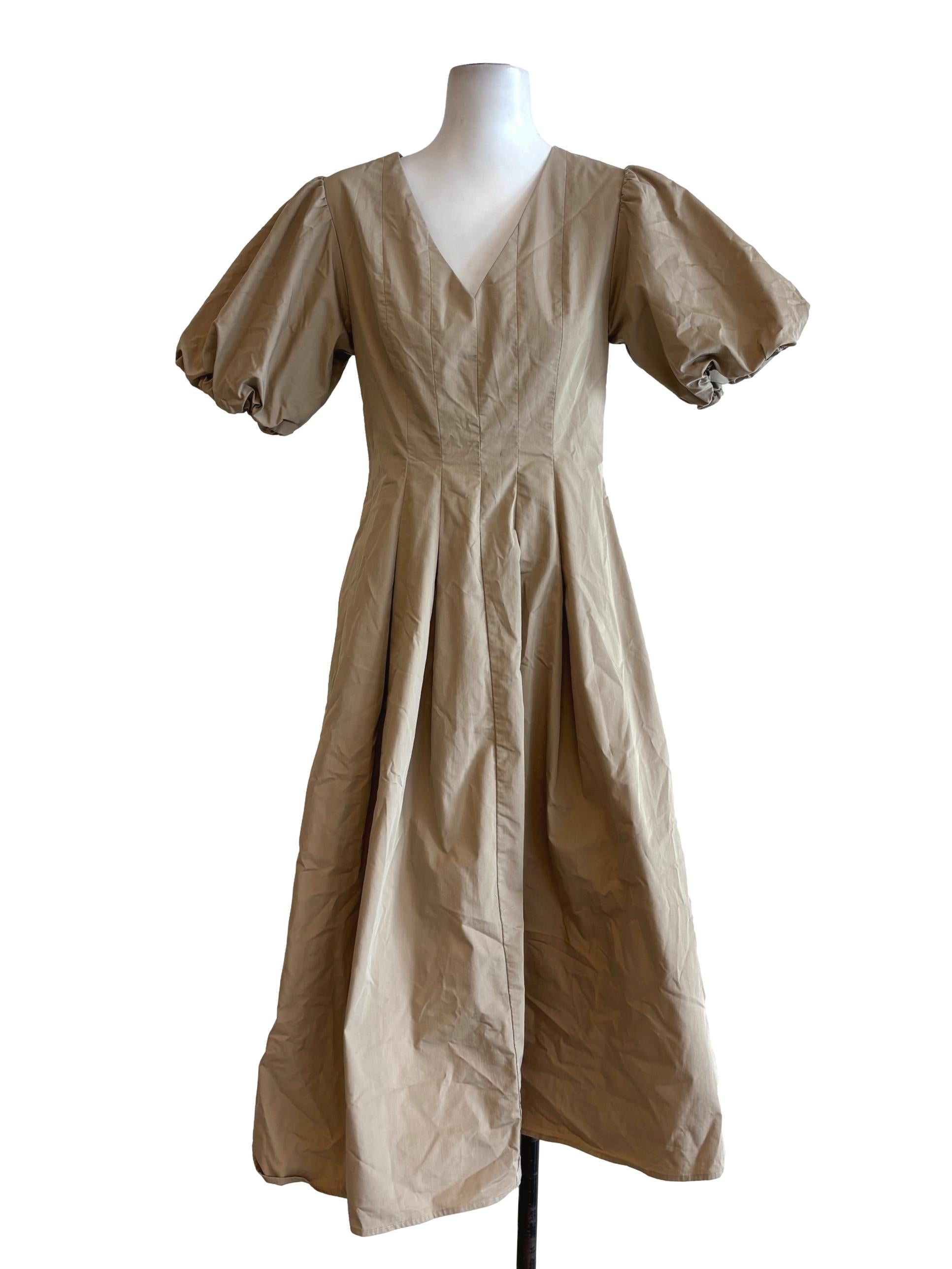 Khaki Short Puff Sleeve Cotton A-Line Dress LB