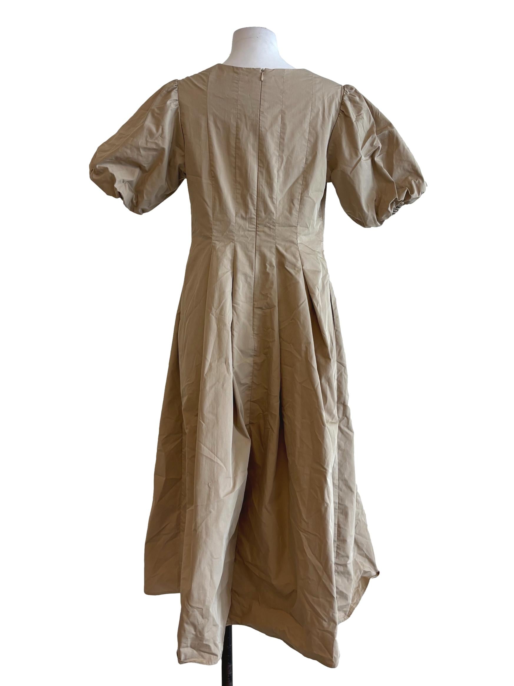 Khaki Short Puff Sleeve Cotton A-Line Dress LB