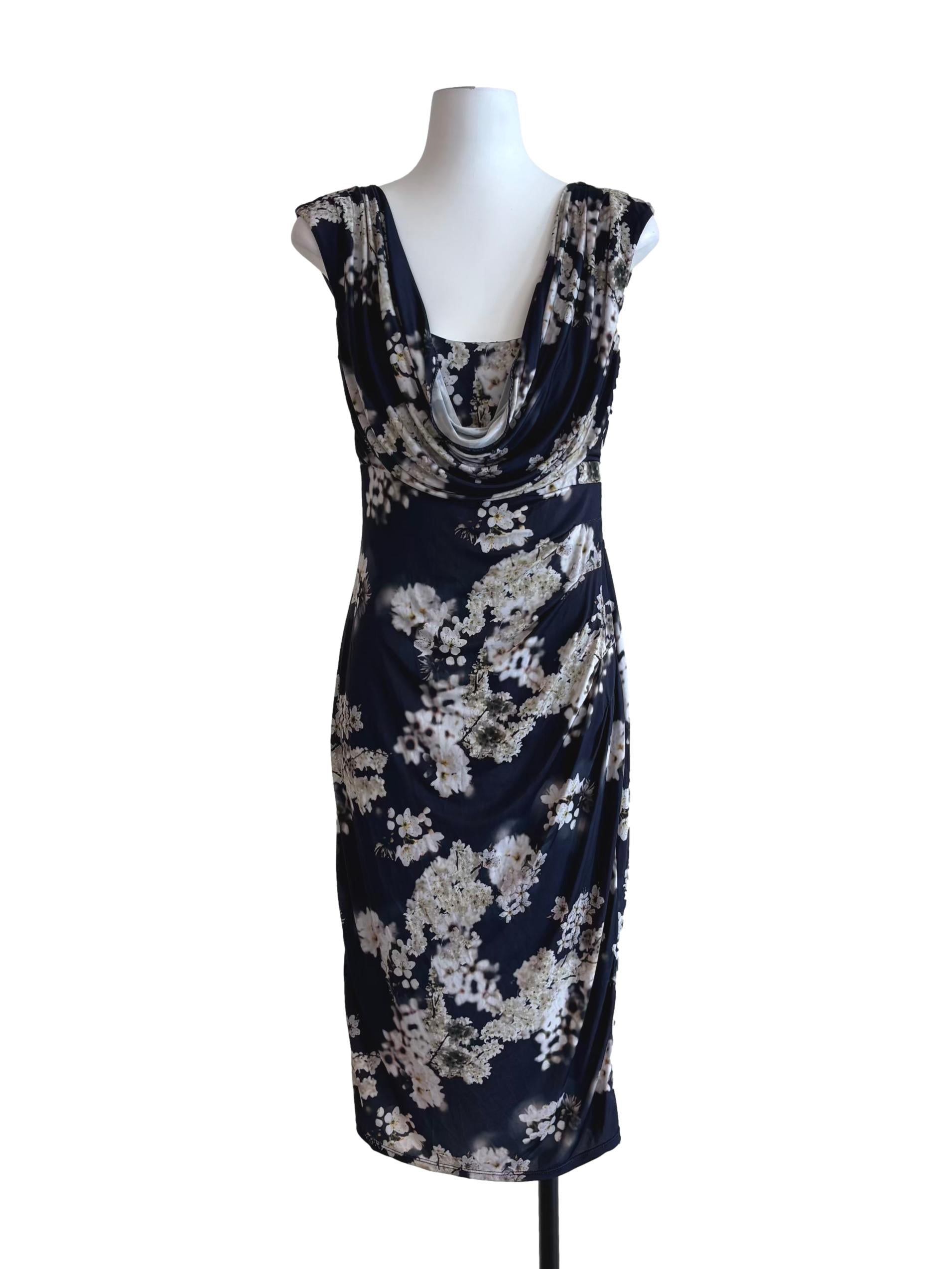 Midnight Blue Floral Cowl Dress
