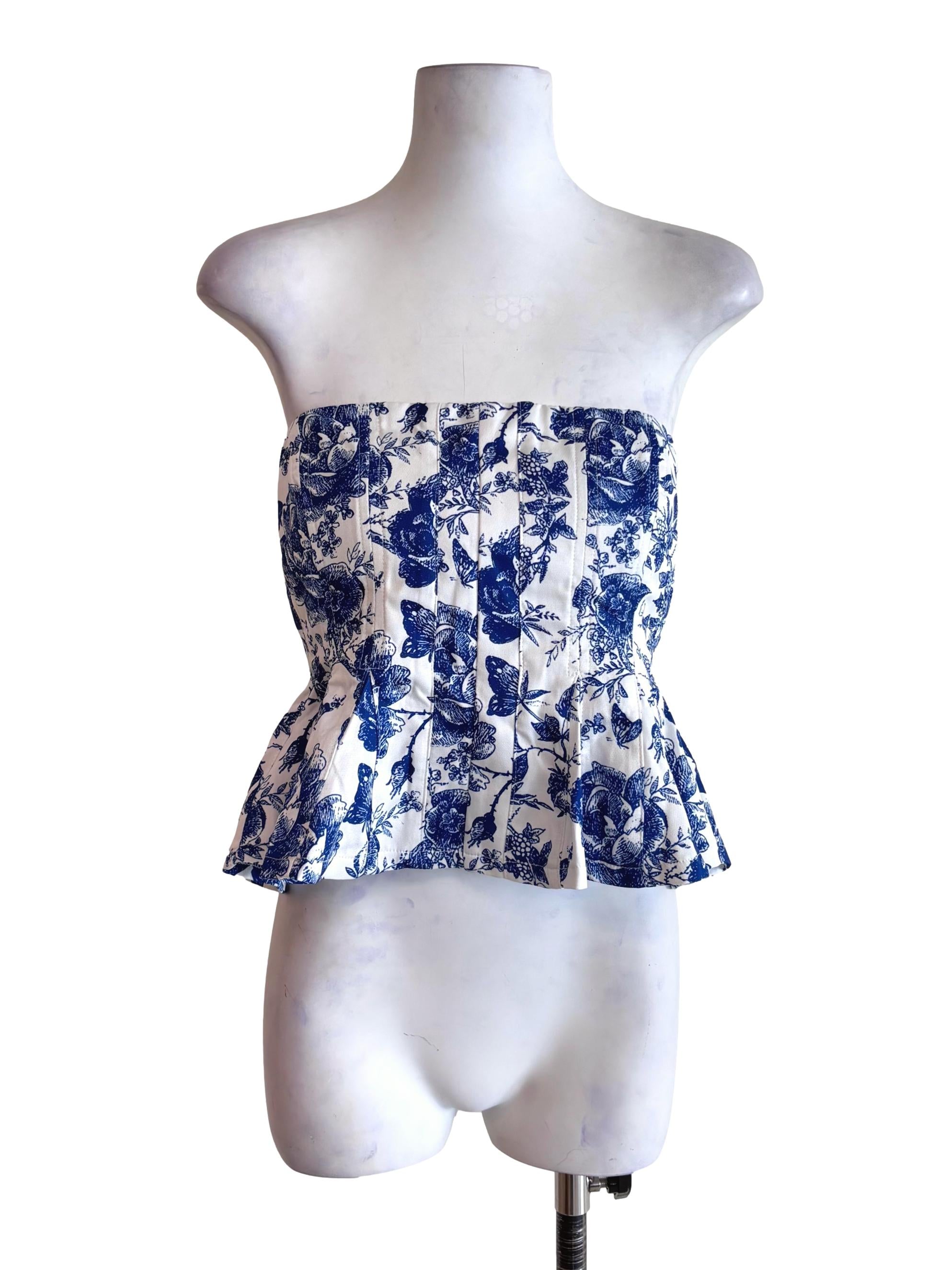 White Blue Prints Pleated Strapless Top