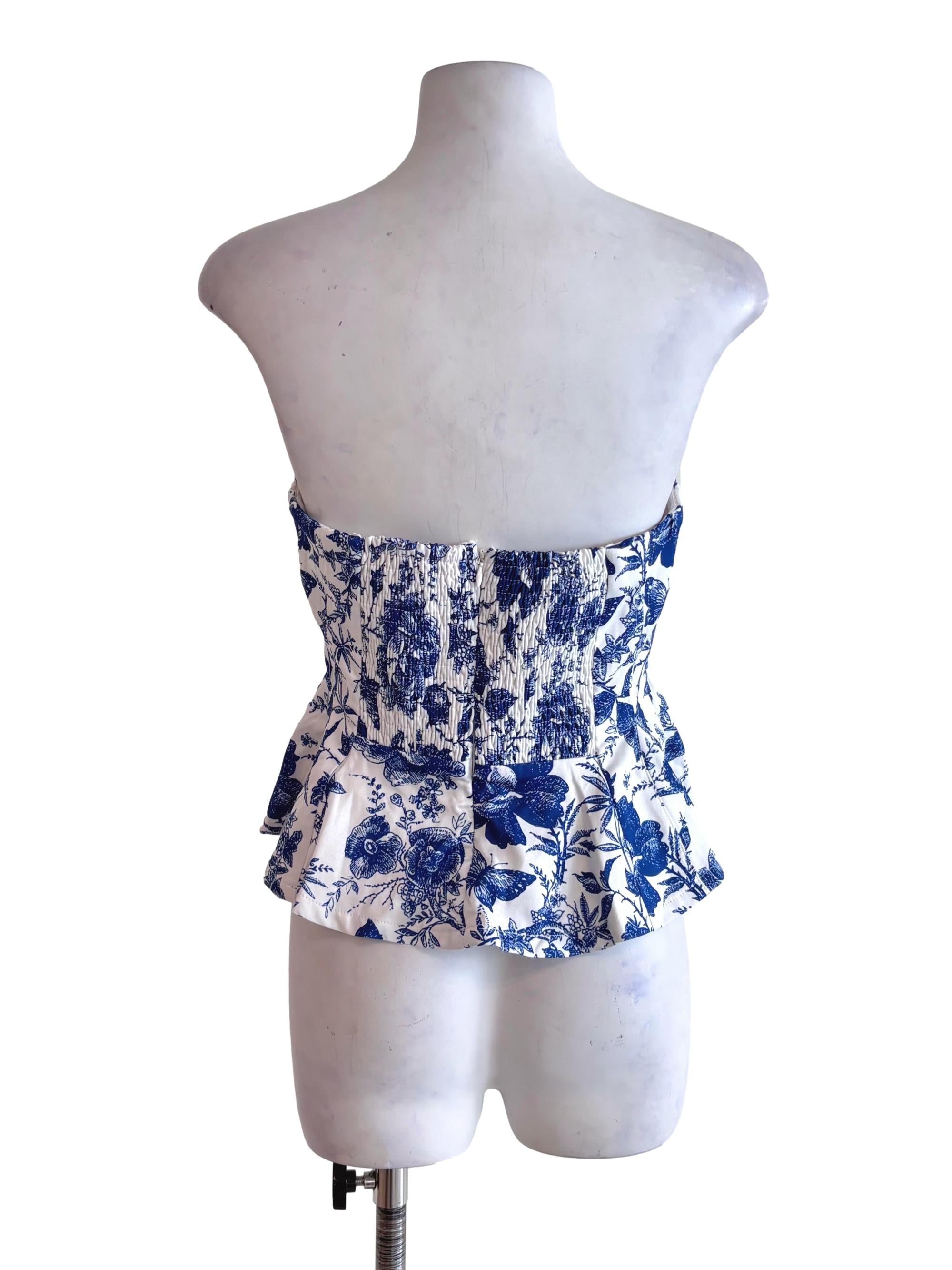 White Blue Prints Pleated Strapless Top