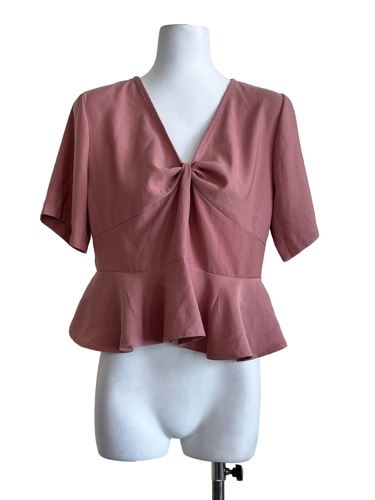 Pink Plain V Neck Blouse