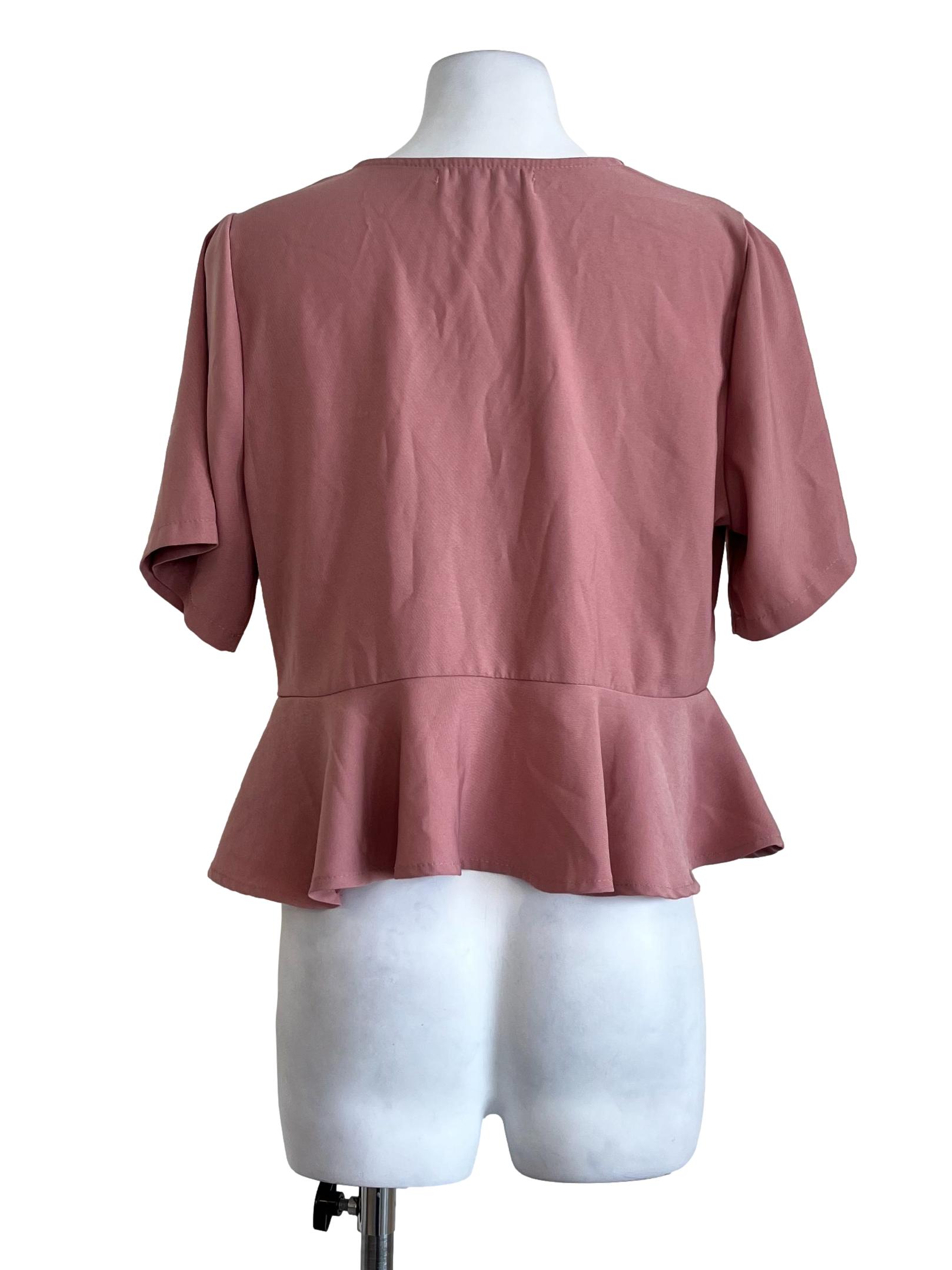 Pink Plain V Neck Blouse