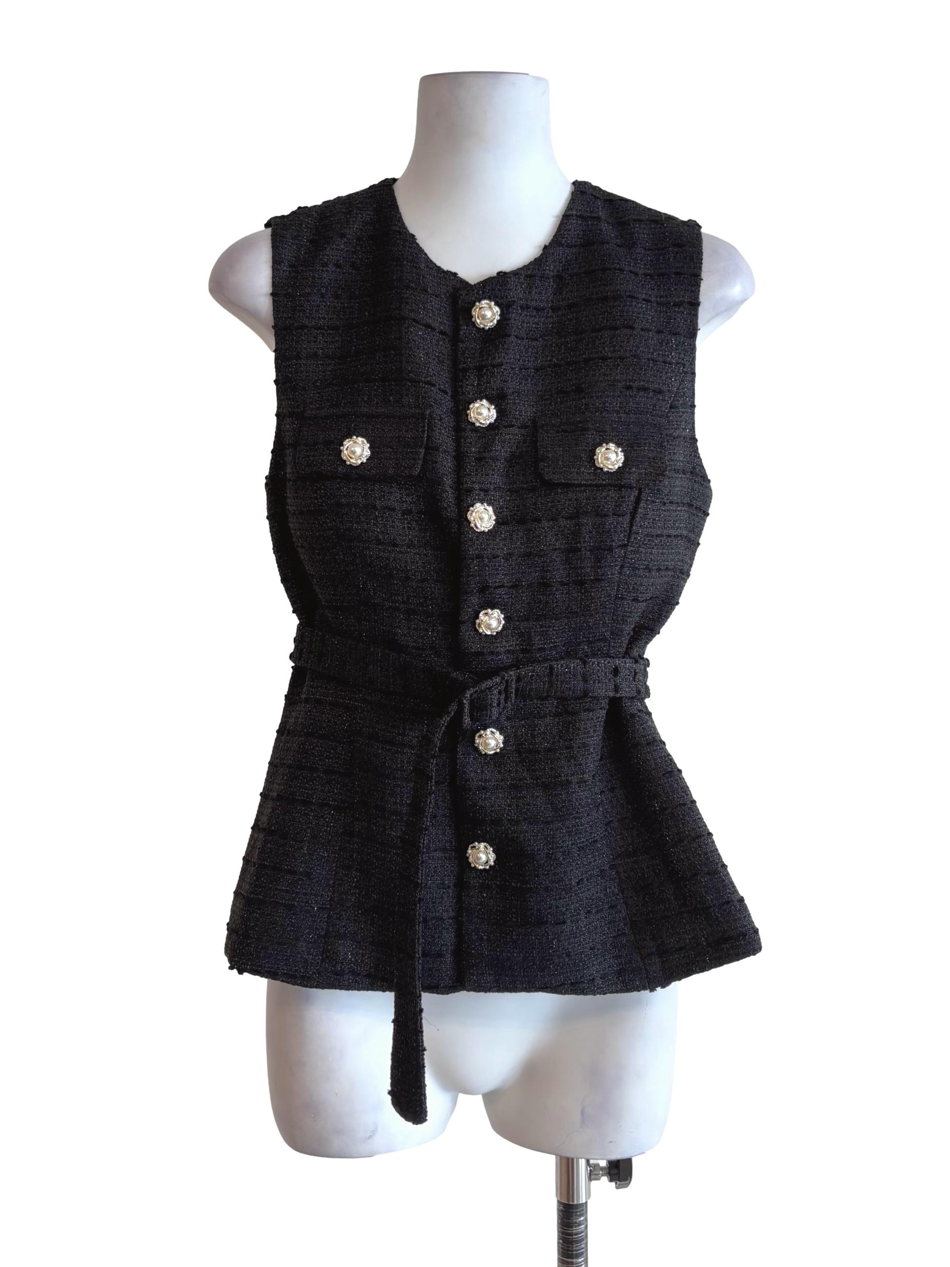 Black Tweed Belted Sleeveless Top