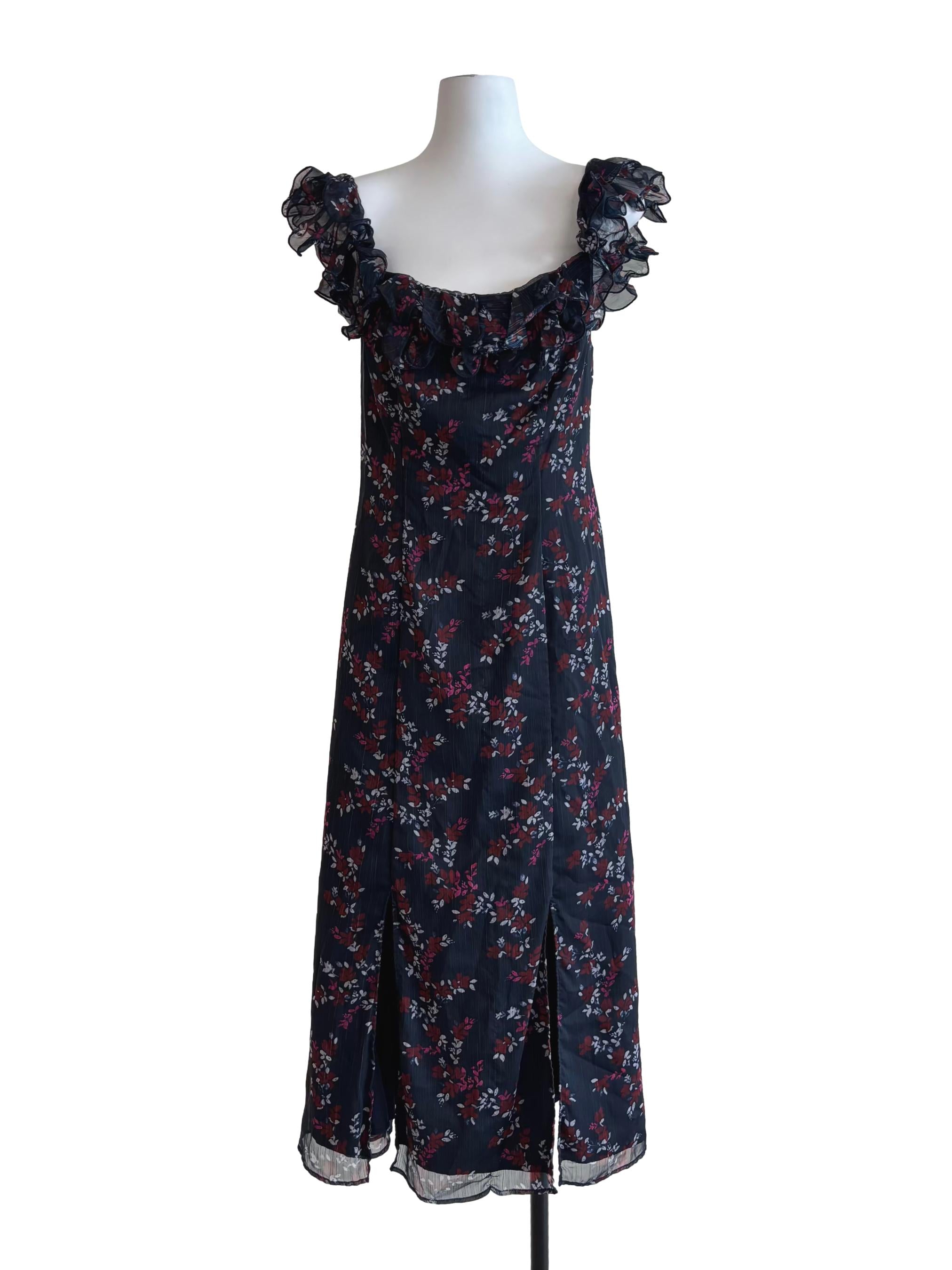 Blue Black Floral Slit Dress
