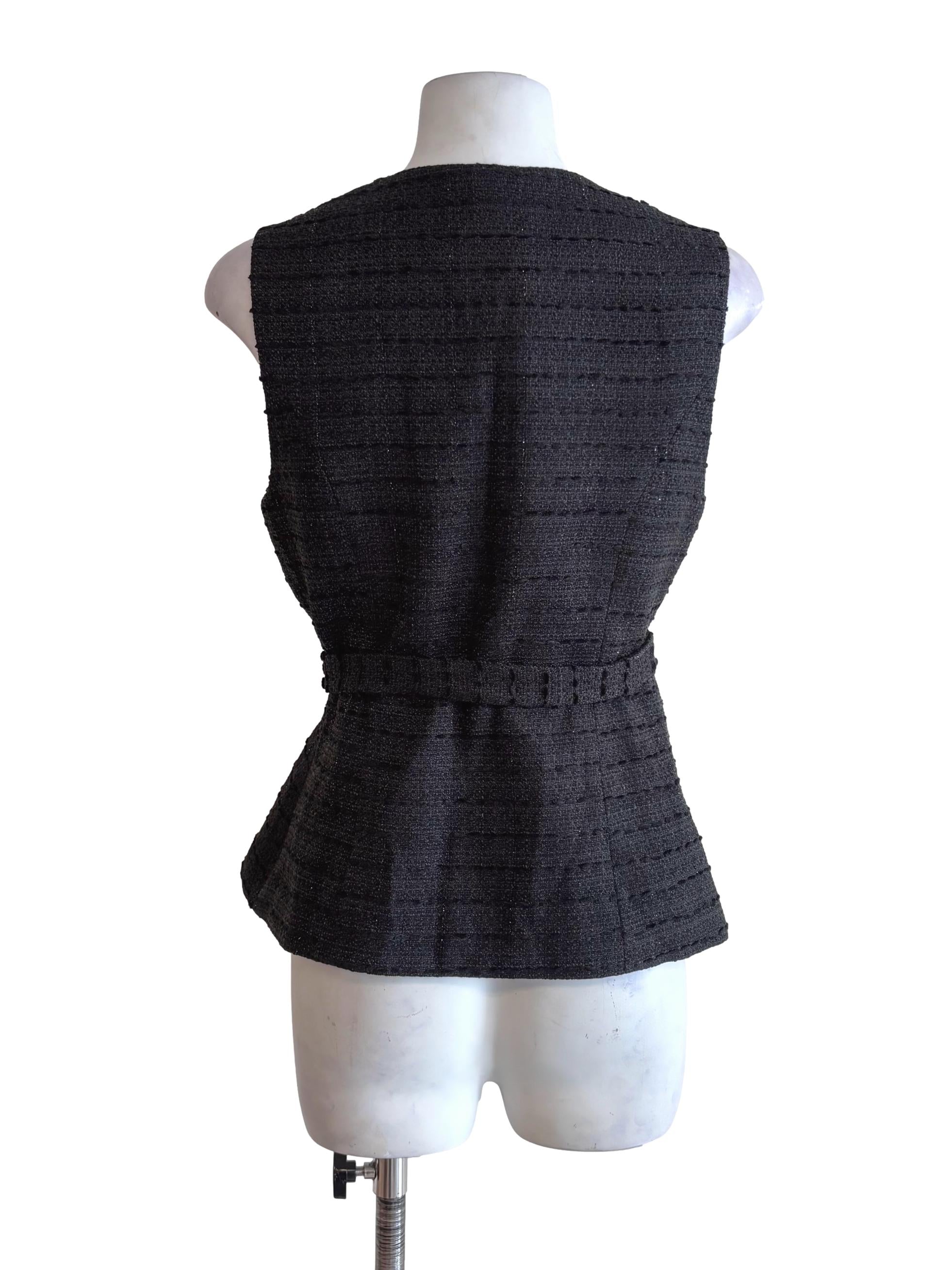 Black Tweed Belted Sleeveless Top