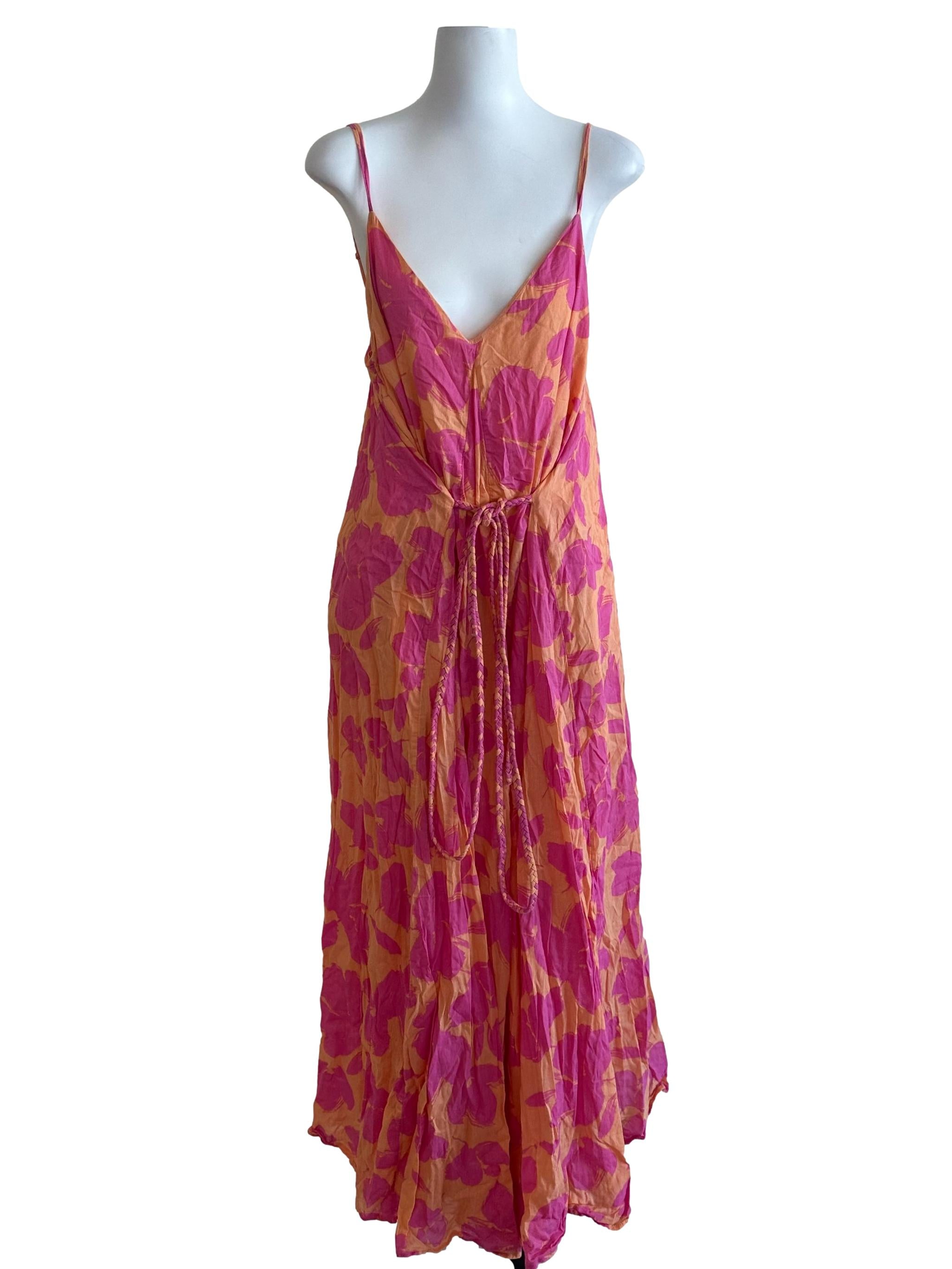 Orange Pink Pattern V Neck Tent Dress