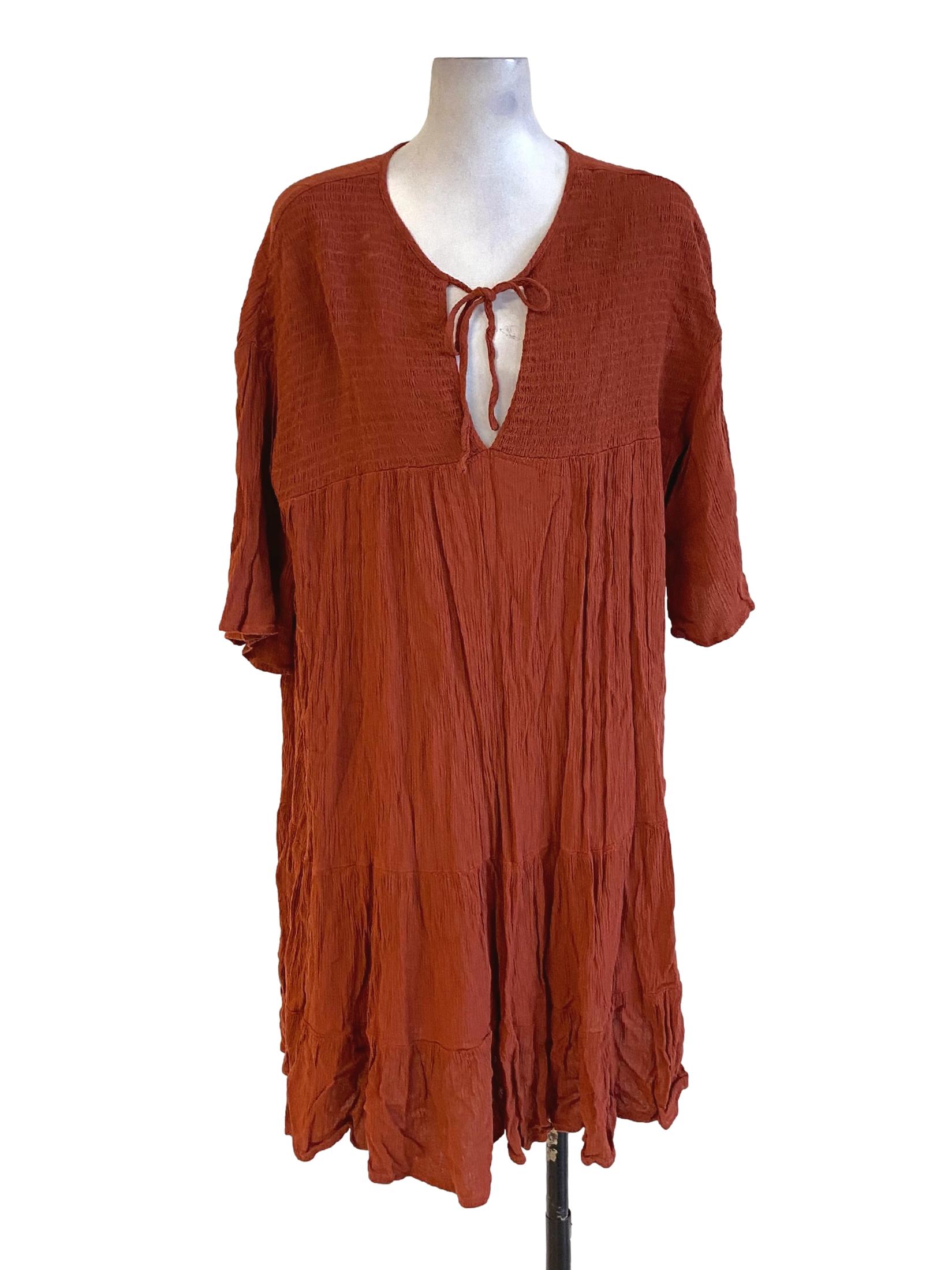 Spice Orange Sharkskin Tie Neck Layered Dress