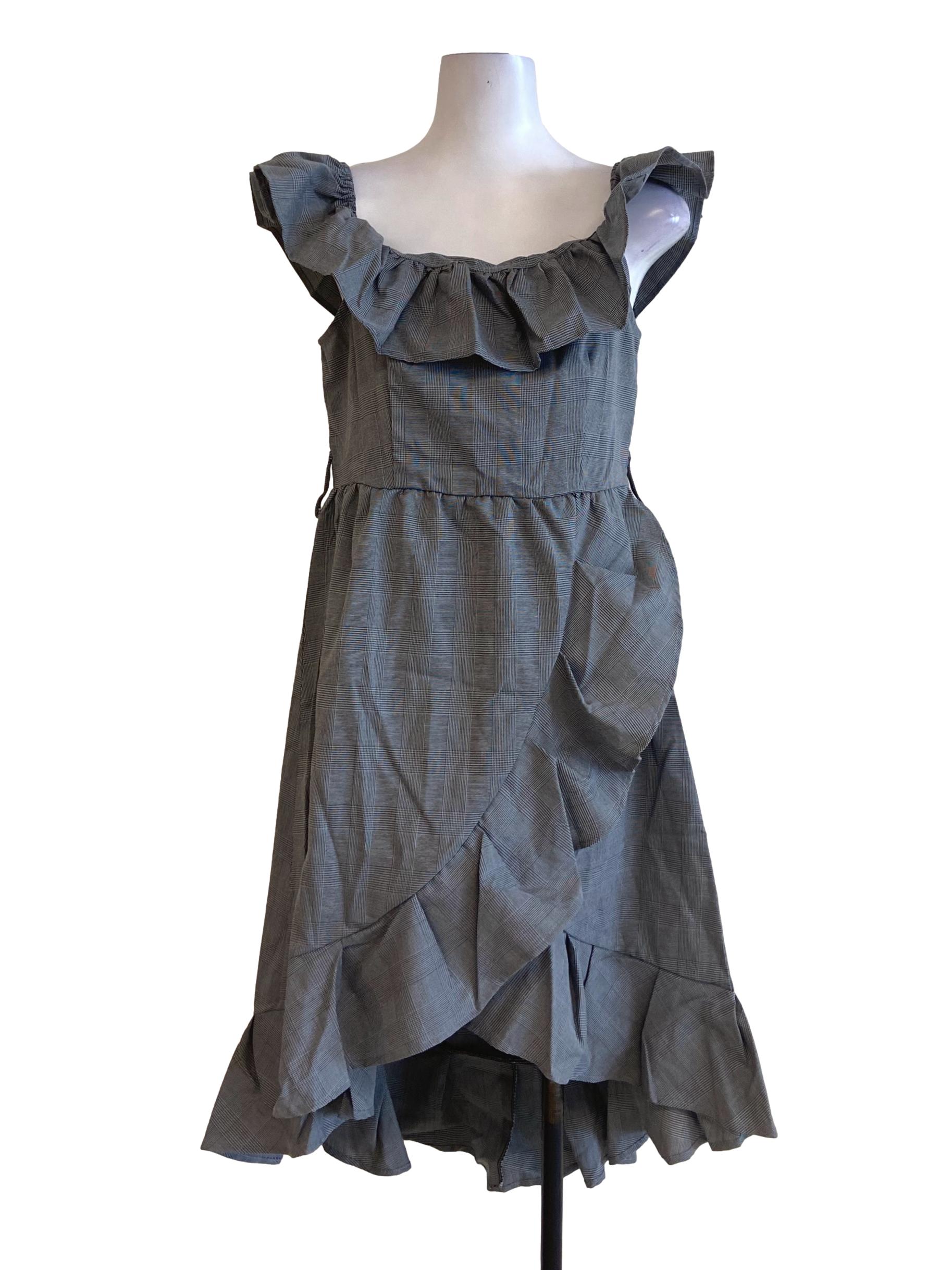 Black Glen Check Asymmetric Ruffle Sleeveless Dress TEM