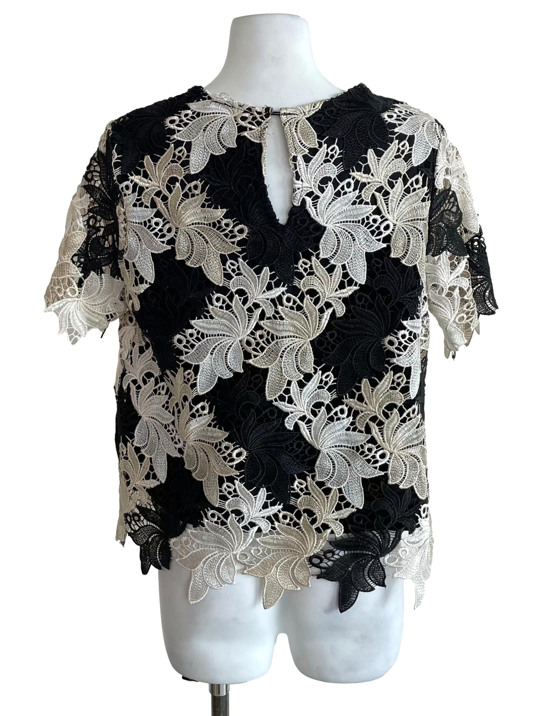 Black & Egg Shell Floral Embroidery Top