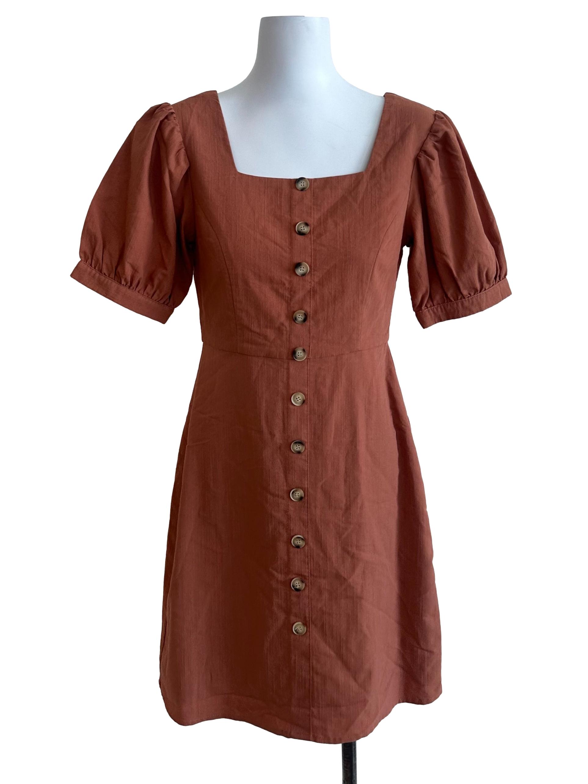 Caramel Brown Button Puff Sleeve Dress