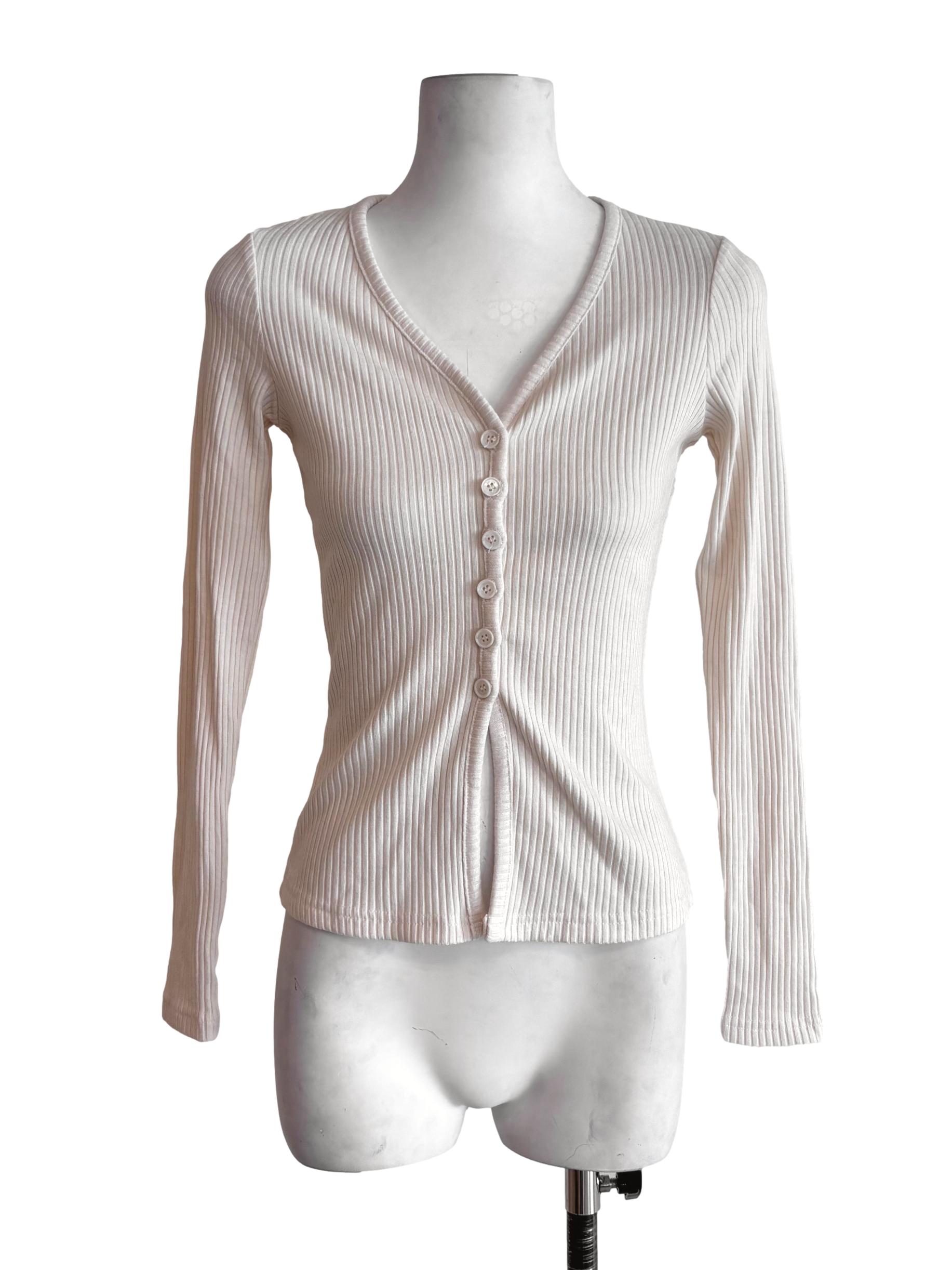 Cream White Button Front Fitted Long Sleeve Top