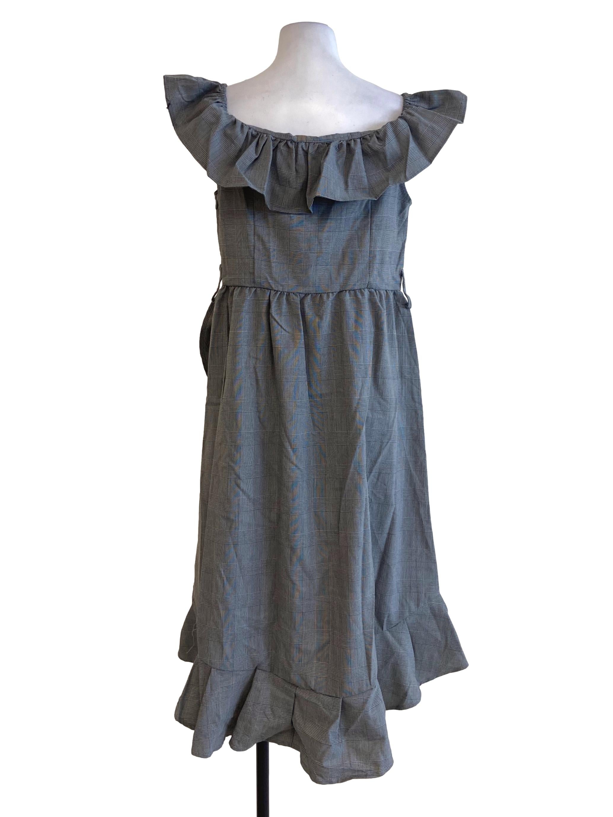 Black Glen Check Asymmetric Ruffle Sleeveless Dress TEM