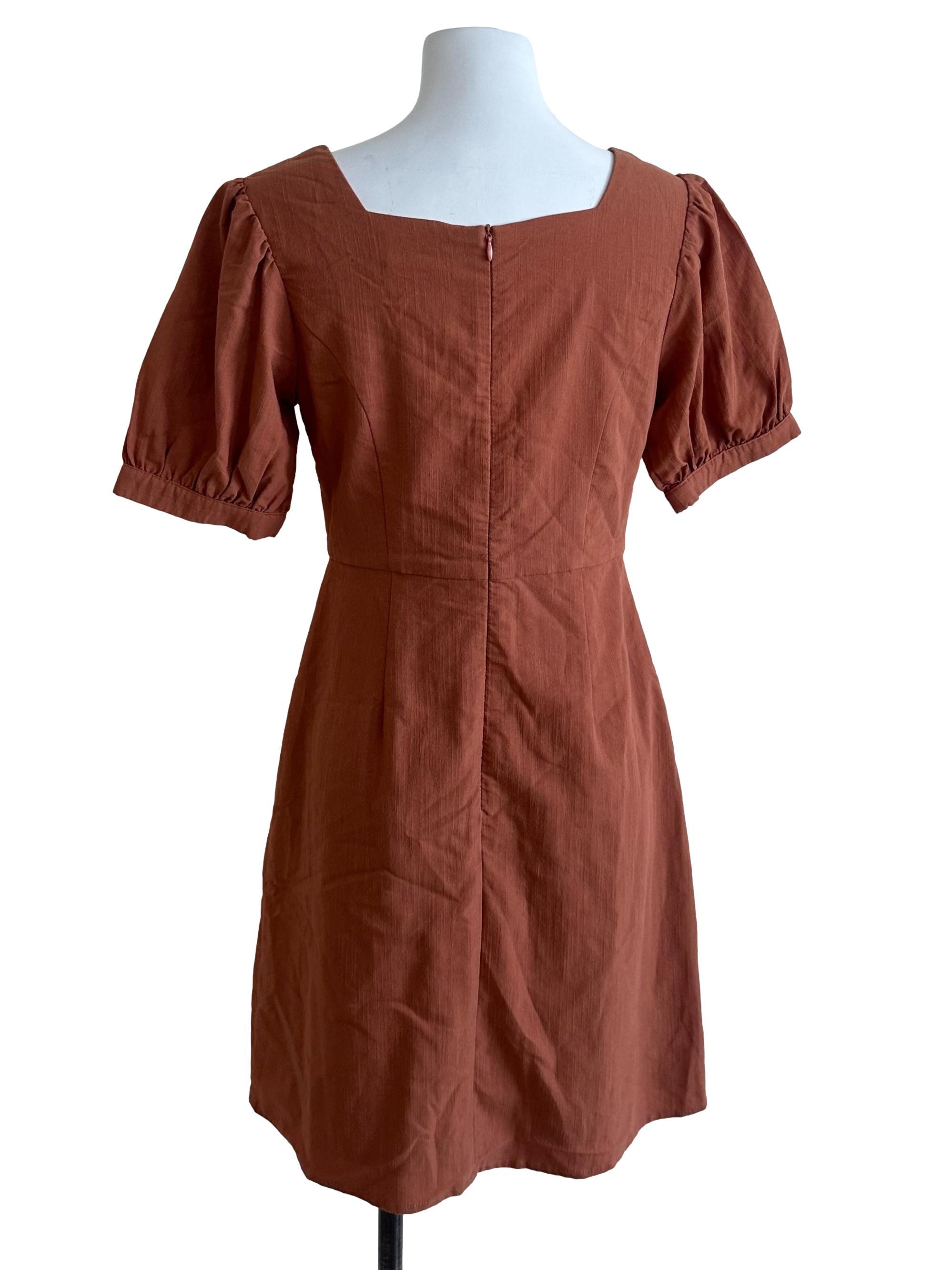Caramel Brown Button Puff Sleeve Dress