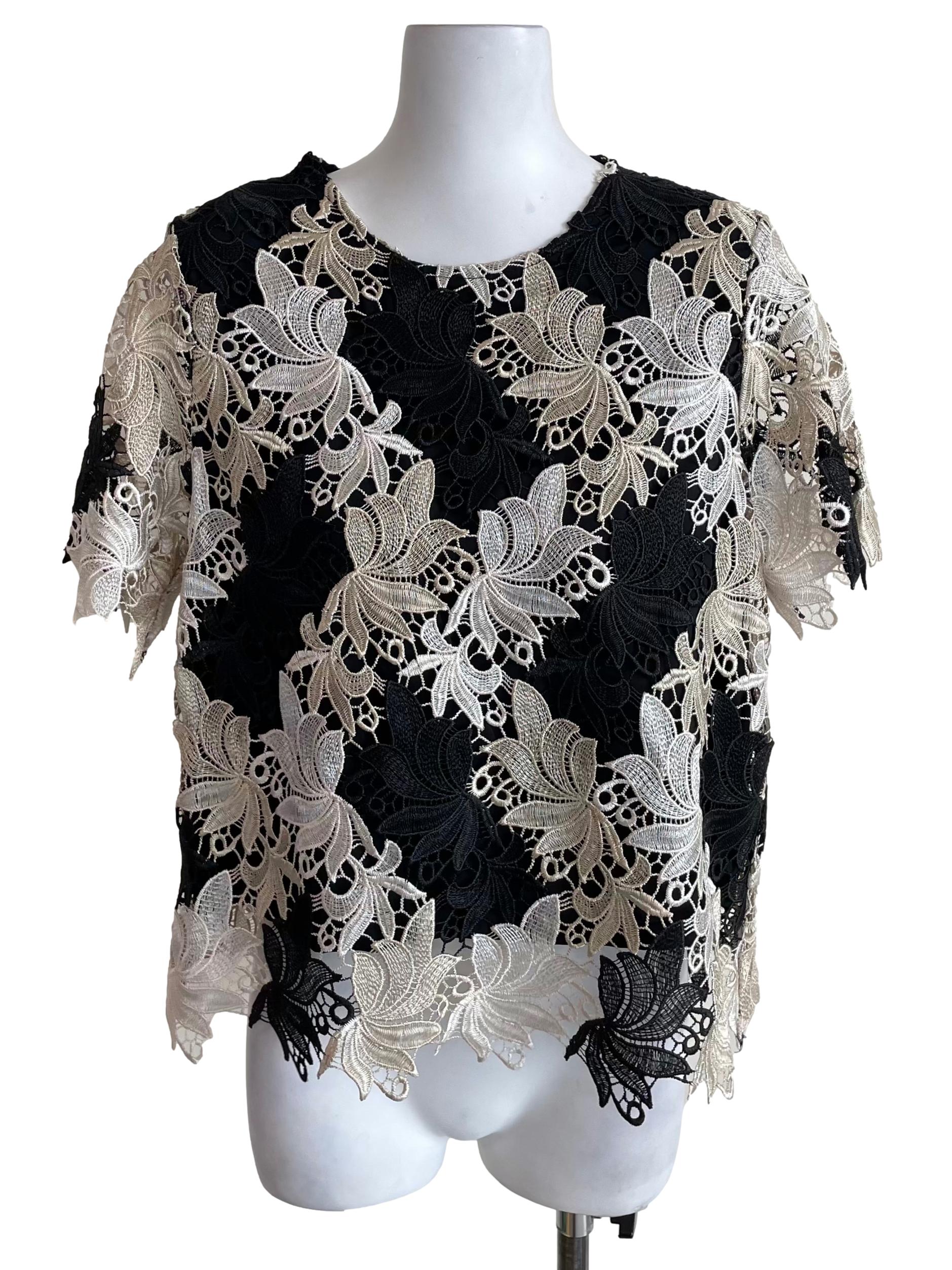 Black & Egg Shell Floral Embroidery Top