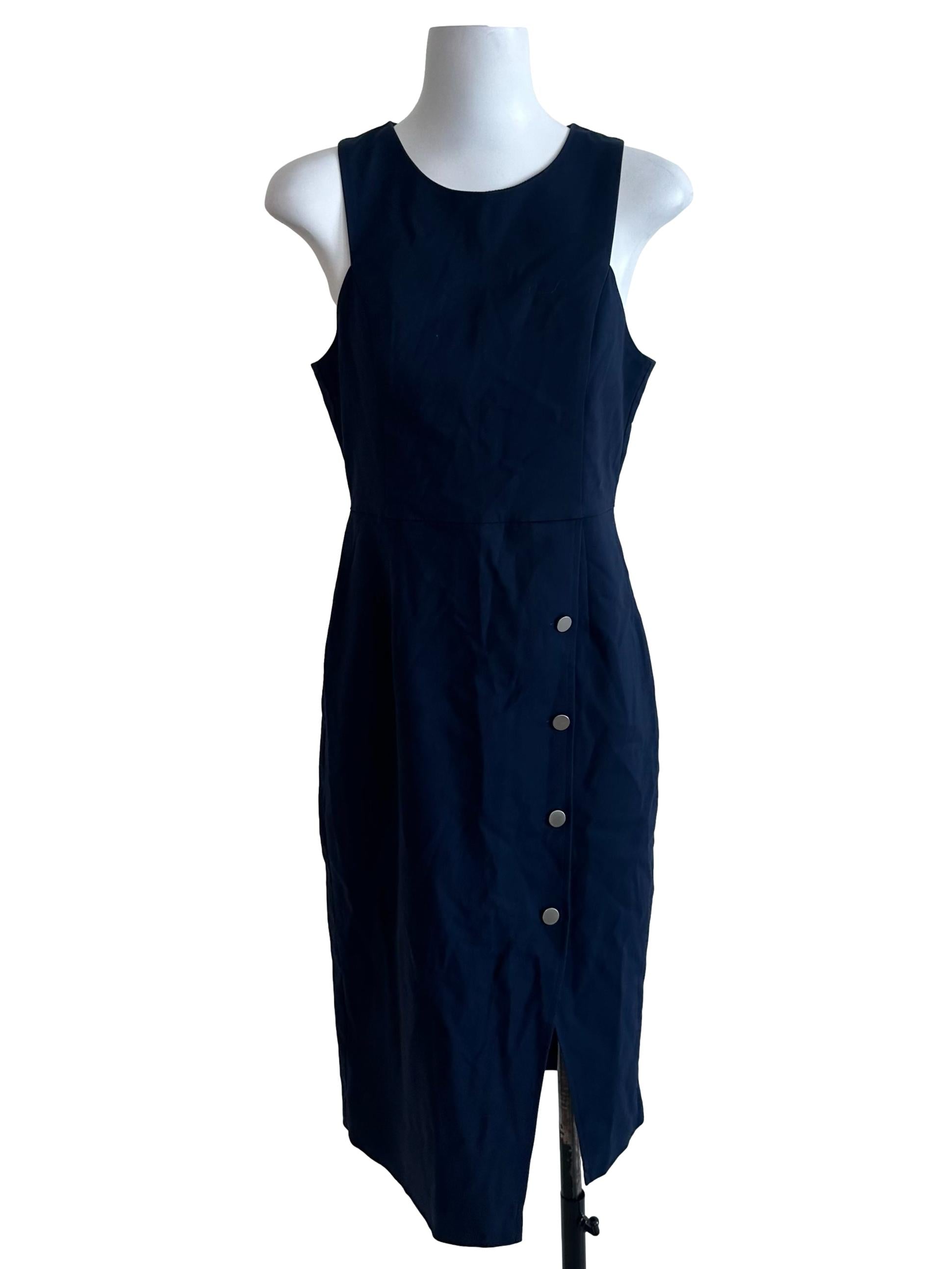 Navy Blue Round Neck Button Slit Dress